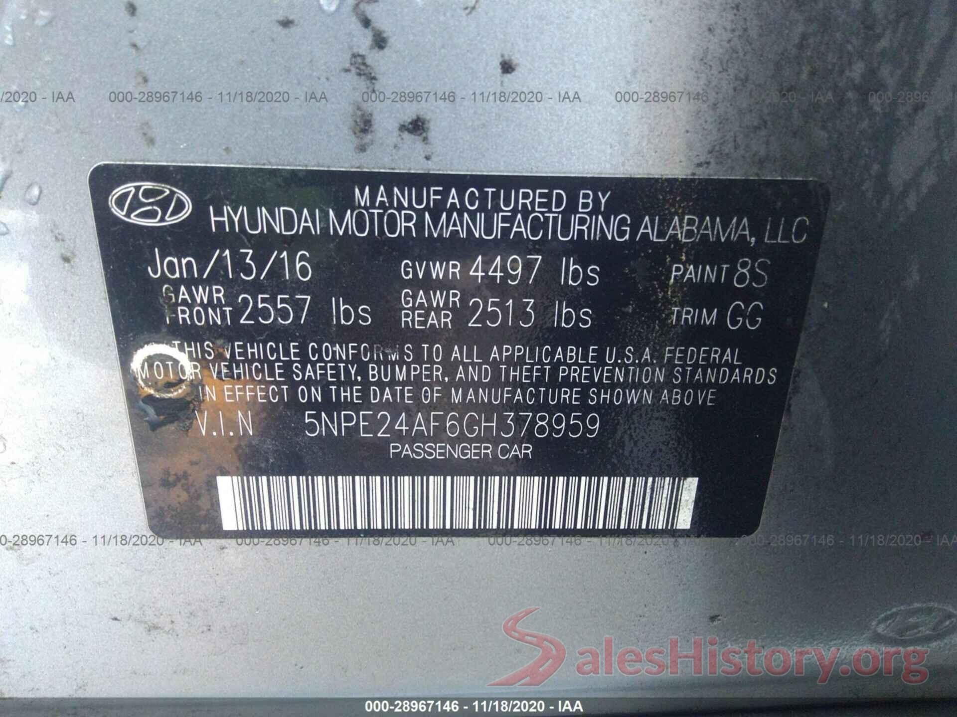 5NPE24AF6GH378959 2016 HYUNDAI SONATA