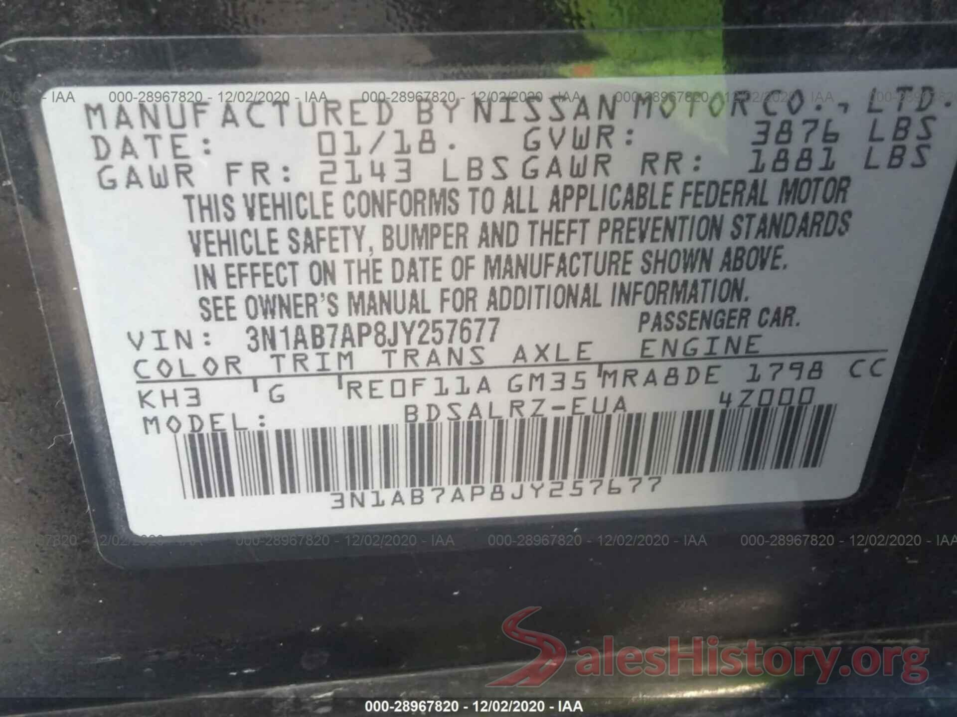 3N1AB7AP8JY257677 2018 NISSAN SENTRA