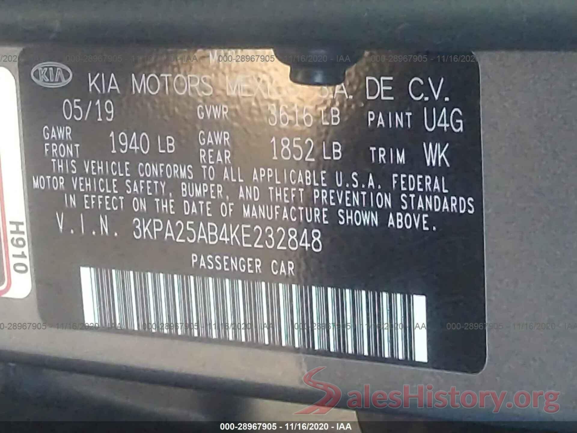 3KPA25AB4KE232848 2019 KIA RIO 5-DOOR