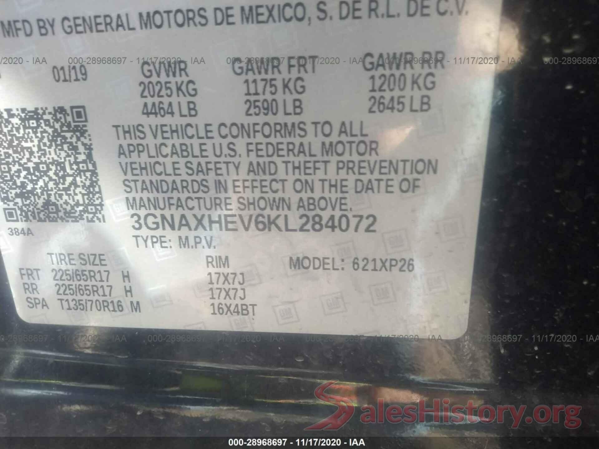 3GNAXHEV6KL284072 2019 CHEVROLET EQUINOX