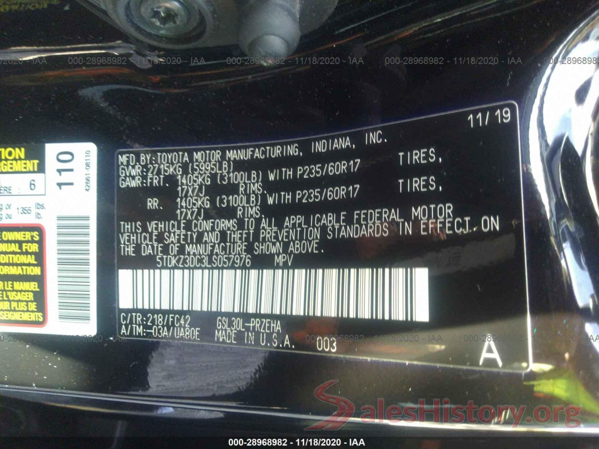 5TDKZ3DC3LS057976 2020 TOYOTA SIENNA