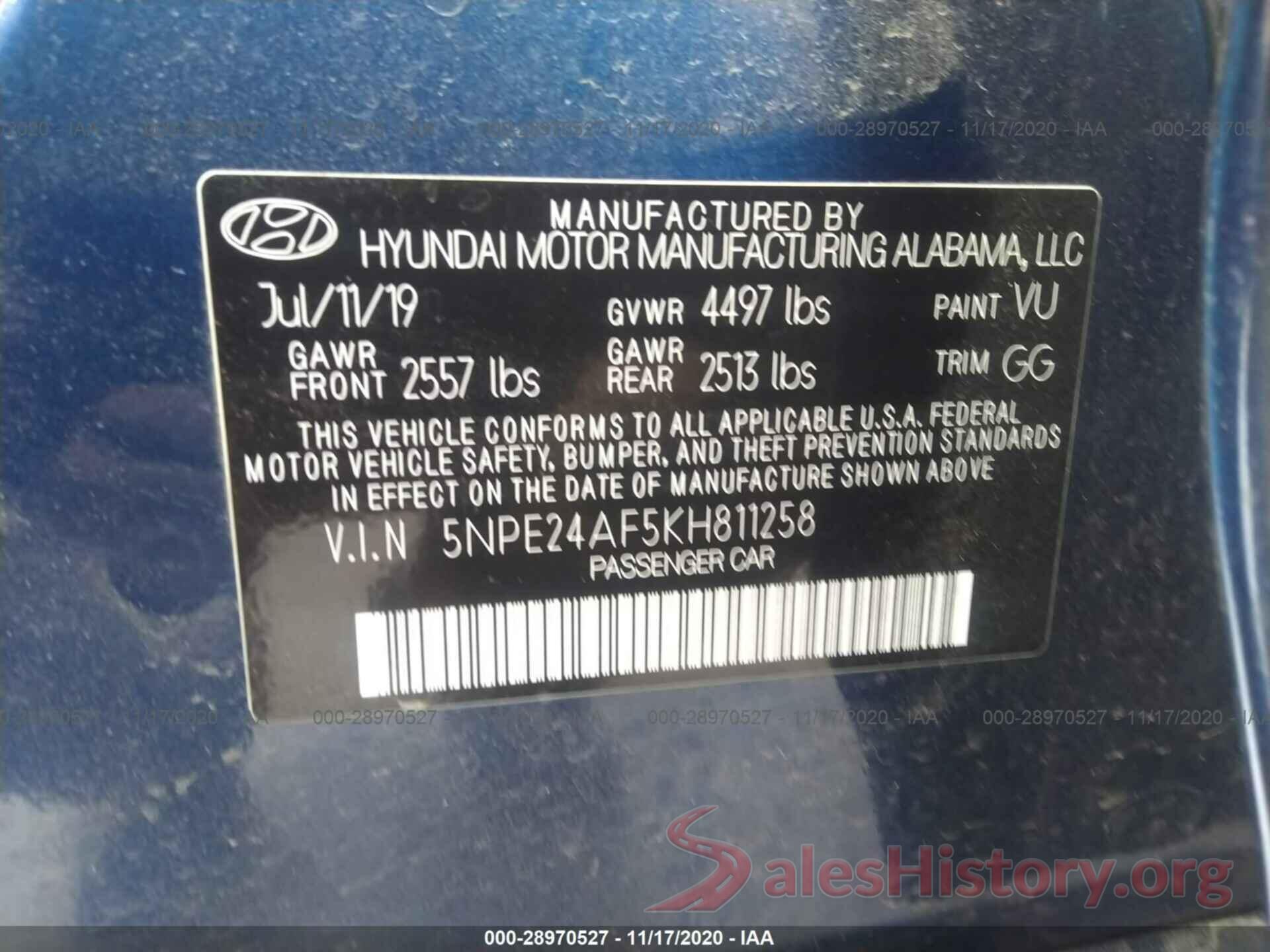 5NPE24AF5KH811258 2019 HYUNDAI SONATA