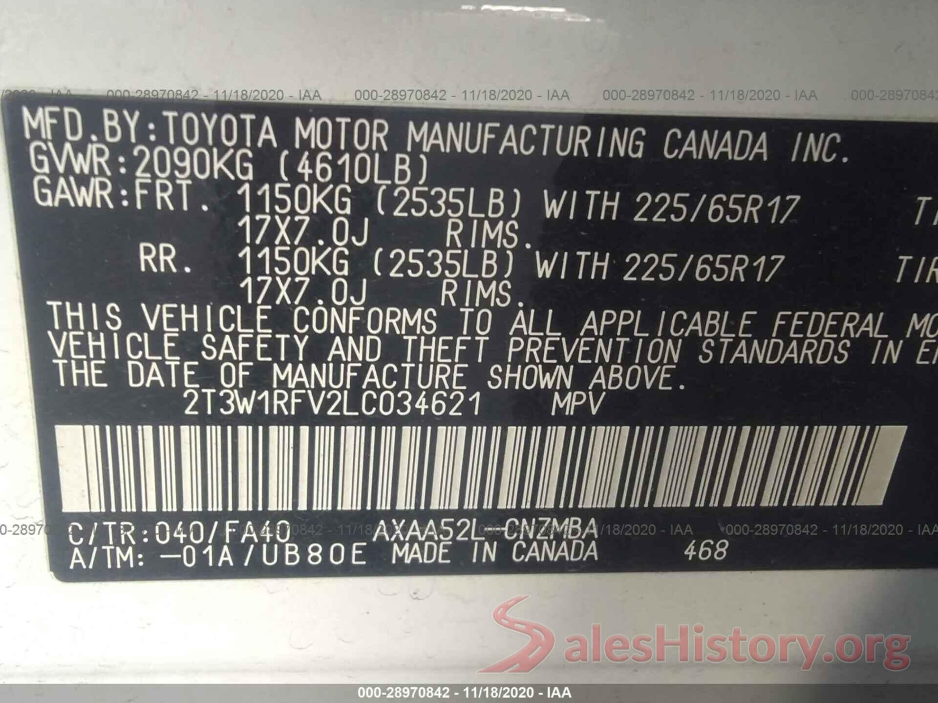 2T3W1RFV2LC034621 2020 TOYOTA RAV4