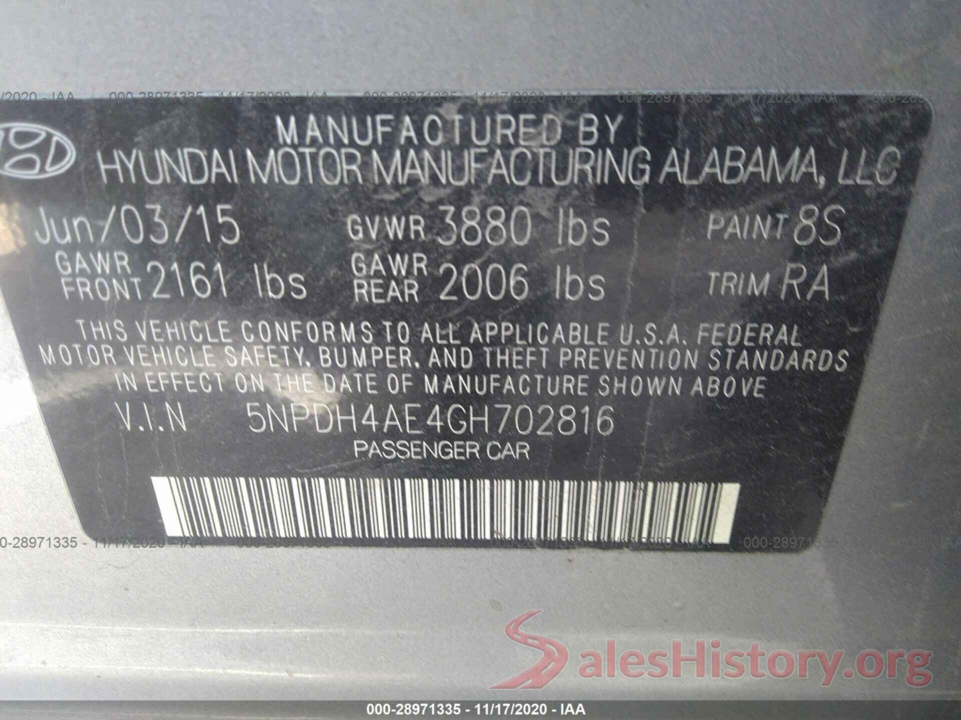 5NPDH4AE4GH702816 2016 HYUNDAI ELANTRA