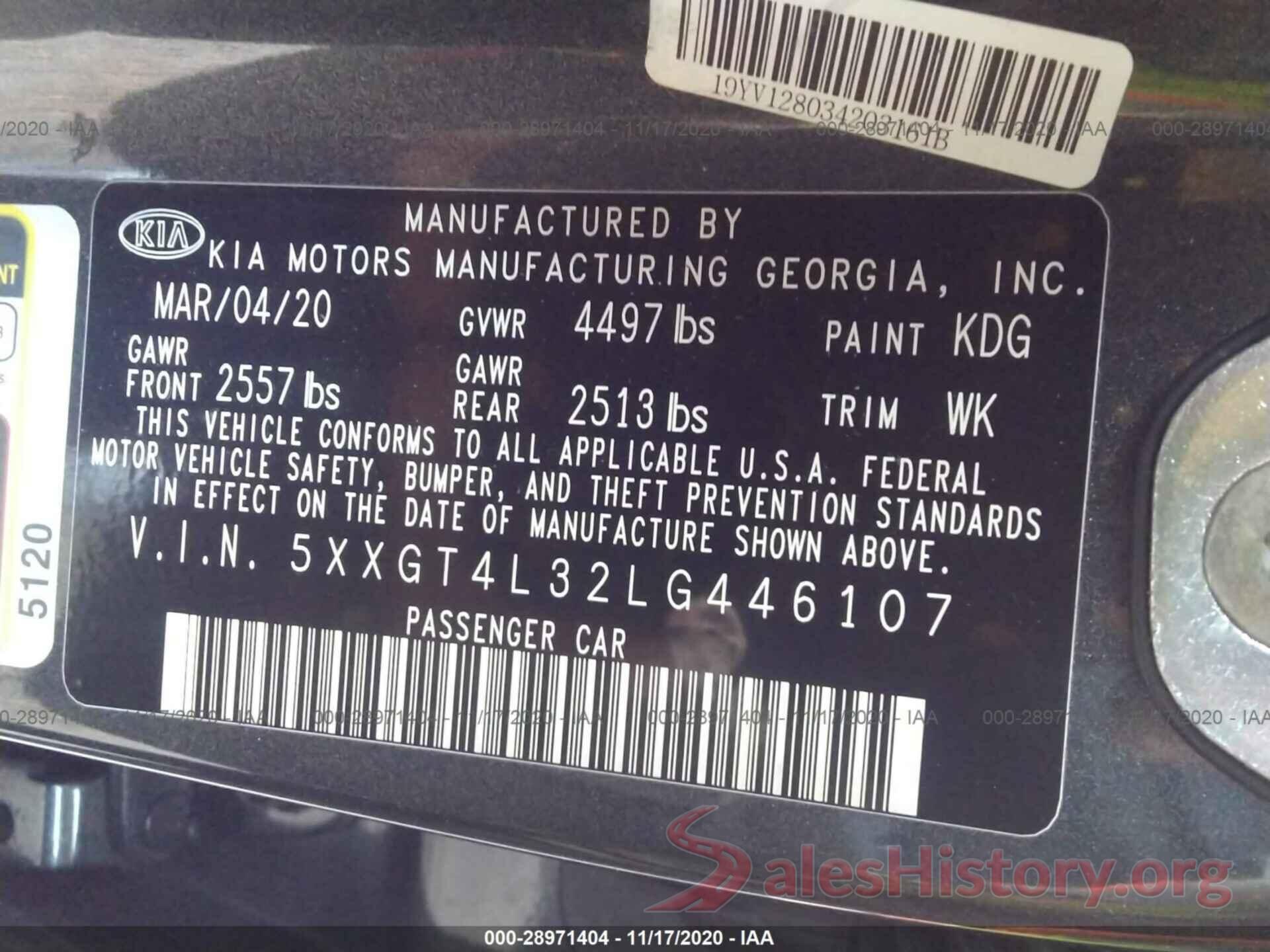 5XXGT4L32LG446107 2020 KIA OPTIMA