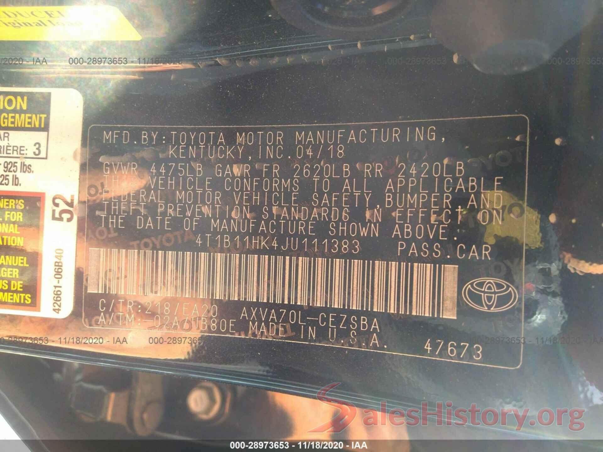 4T1B11HK4JU111383 2018 TOYOTA CAMRY