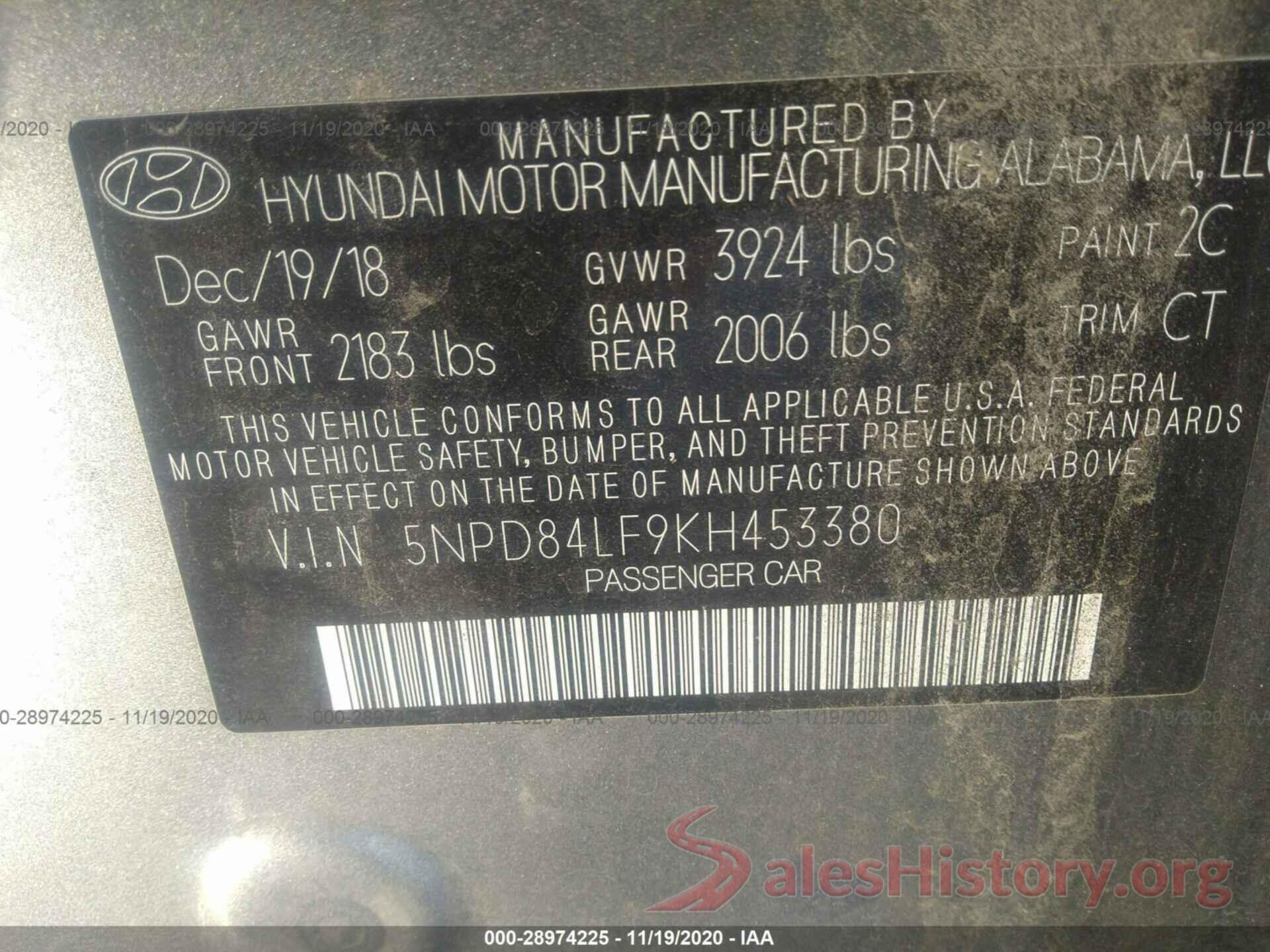 5NPD84LF9KH453380 2019 HYUNDAI ELANTRA