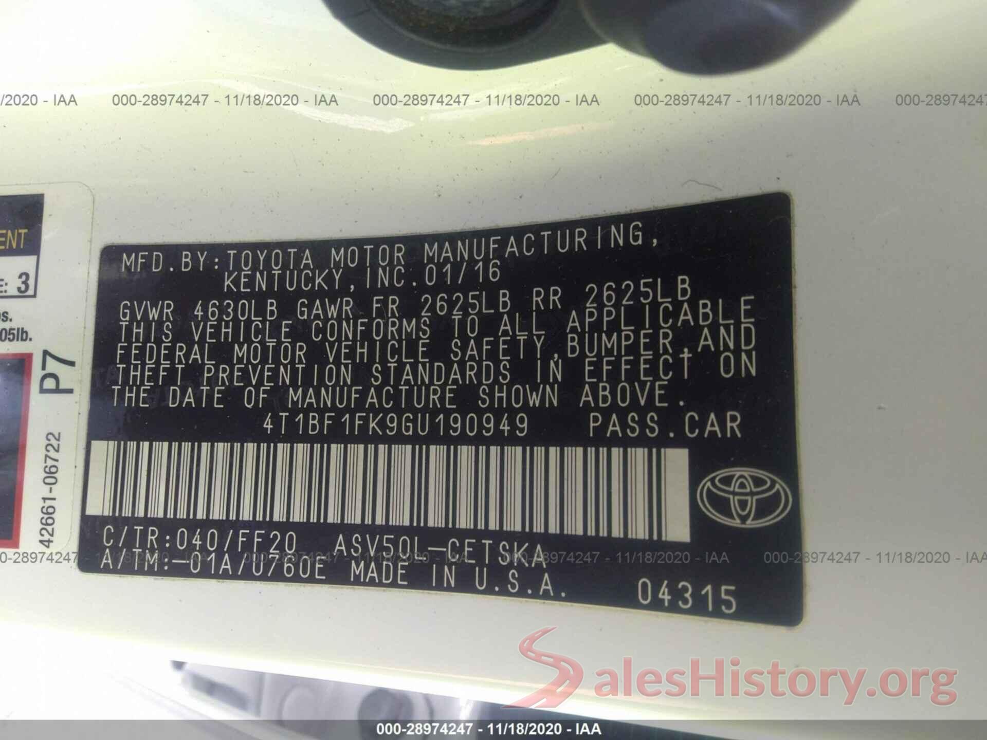 4T1BF1FK9GU190949 2016 TOYOTA CAMRY