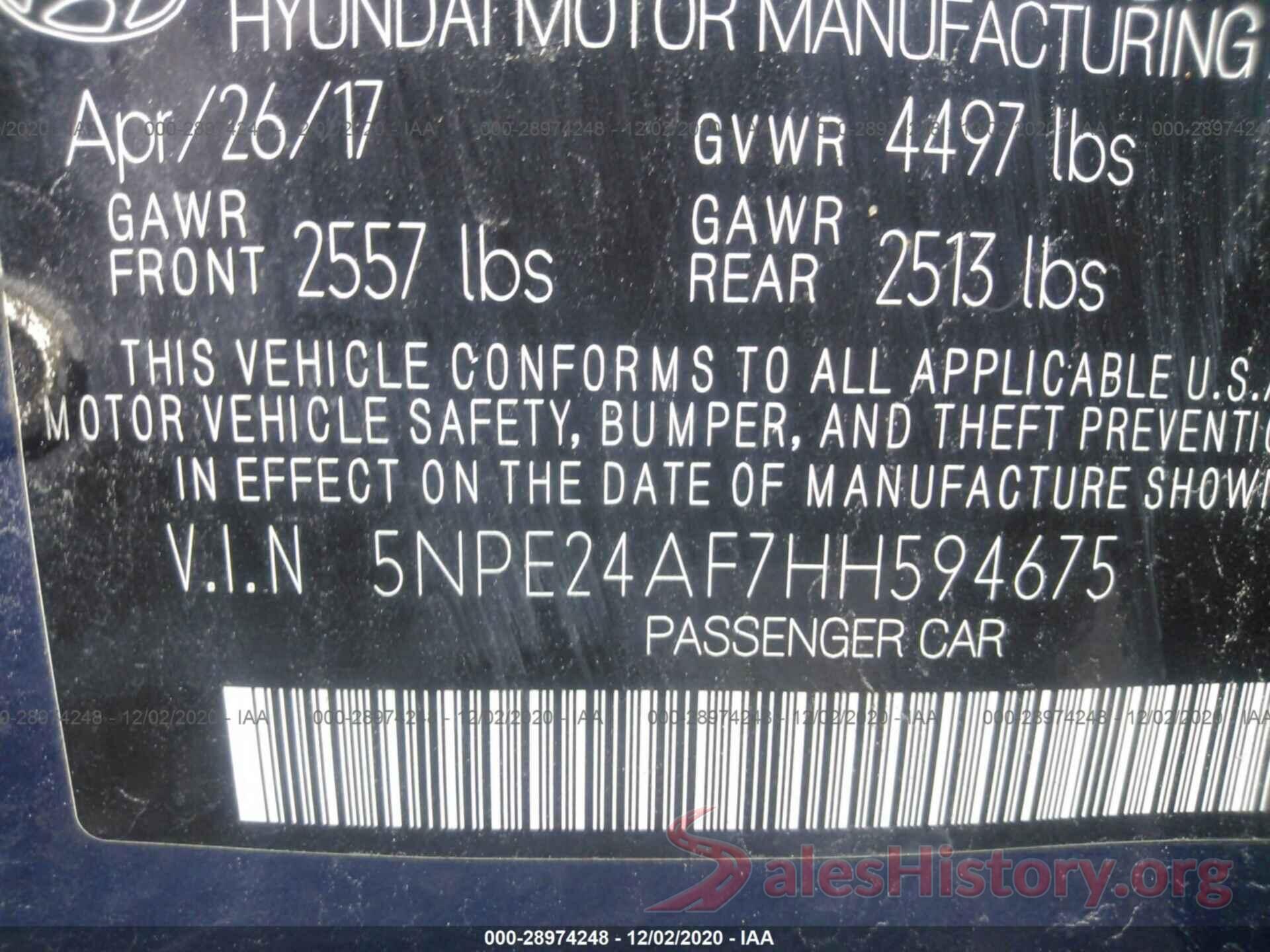 5NPE24AF7HH594675 2017 HYUNDAI SONATA