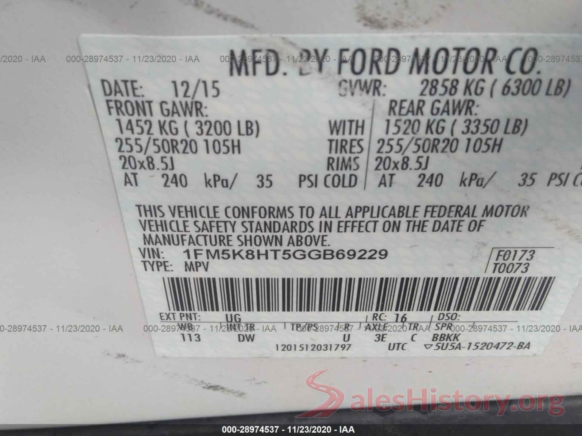 1FM5K8HT5GGB69229 2016 FORD EXPLORER