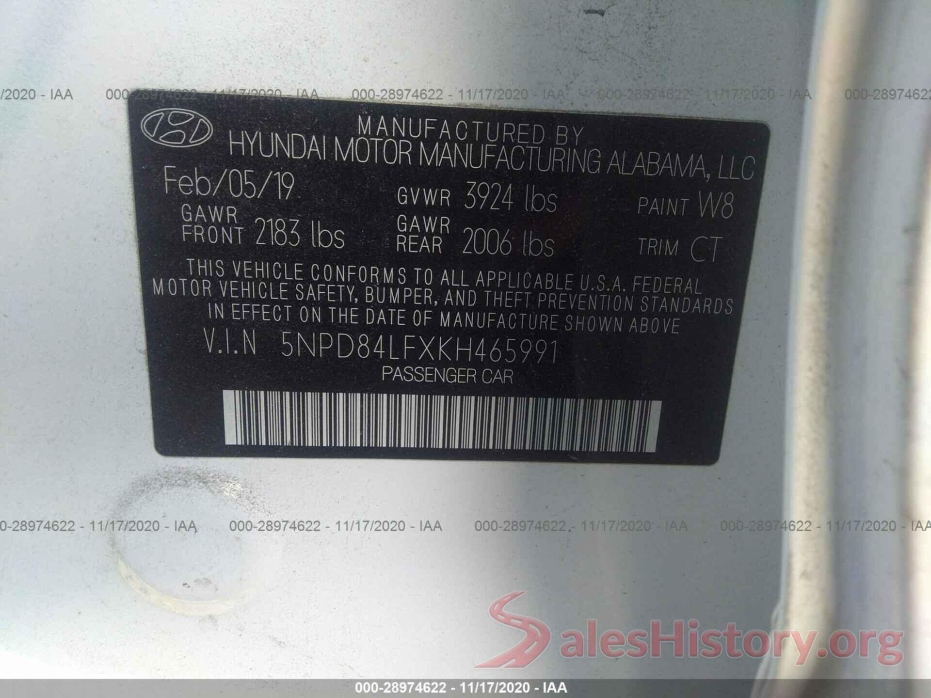 5NPD84LFXKH465991 2019 HYUNDAI ELANTRA