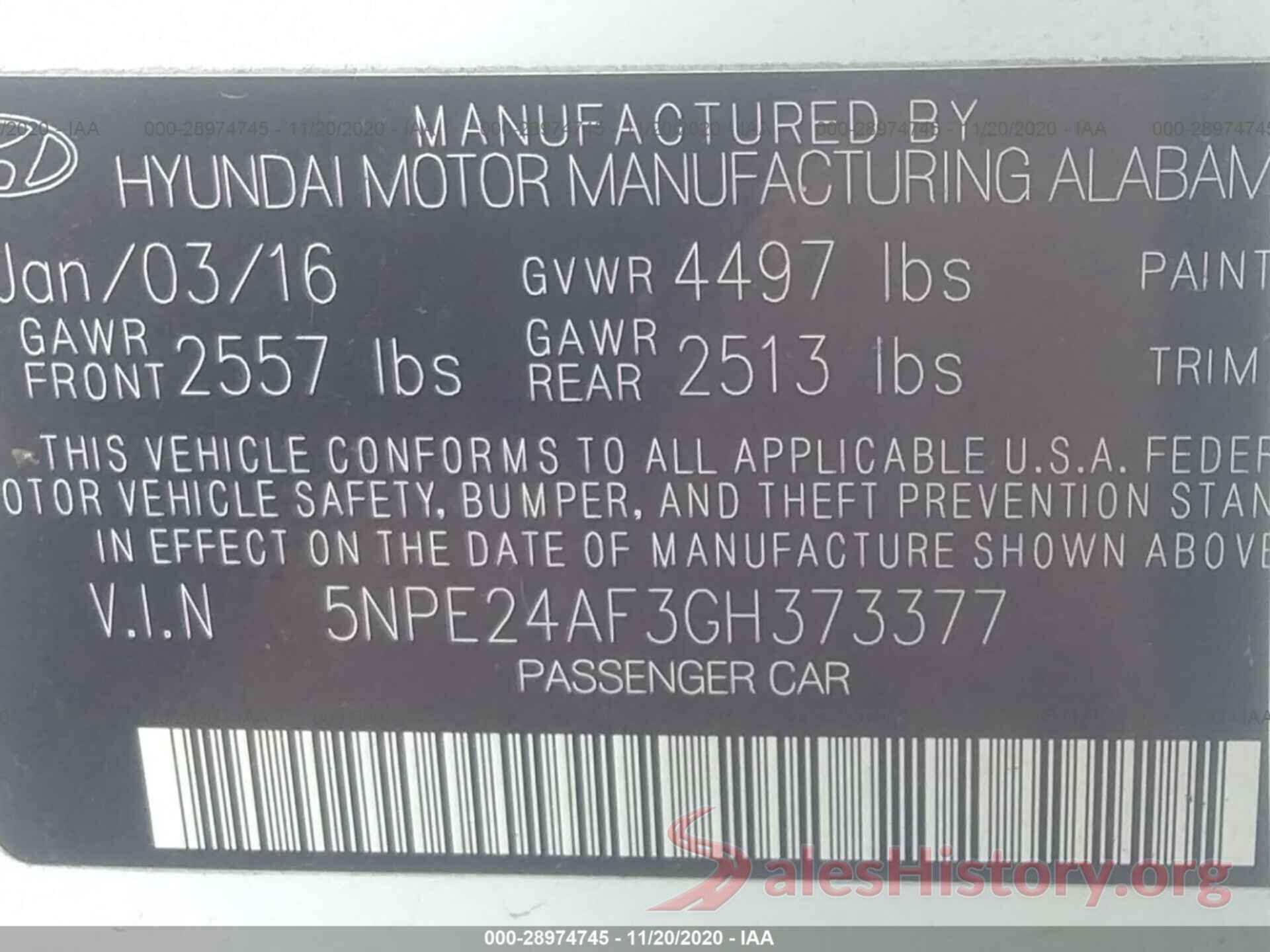 5NPE24AF3GH373377 2016 HYUNDAI SONATA