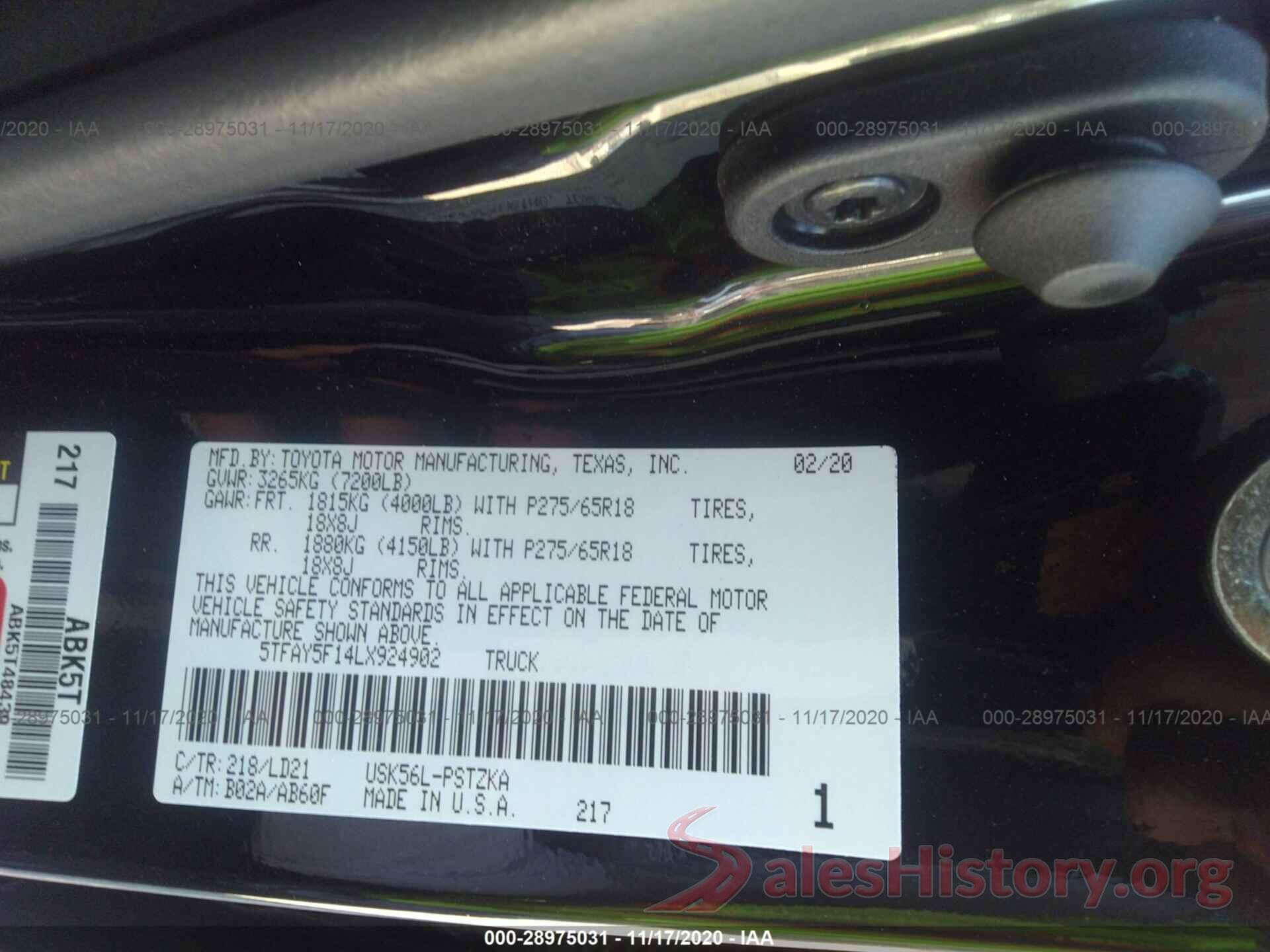 5TFAY5F14LX924902 2020 TOYOTA TUNDRA 4WD