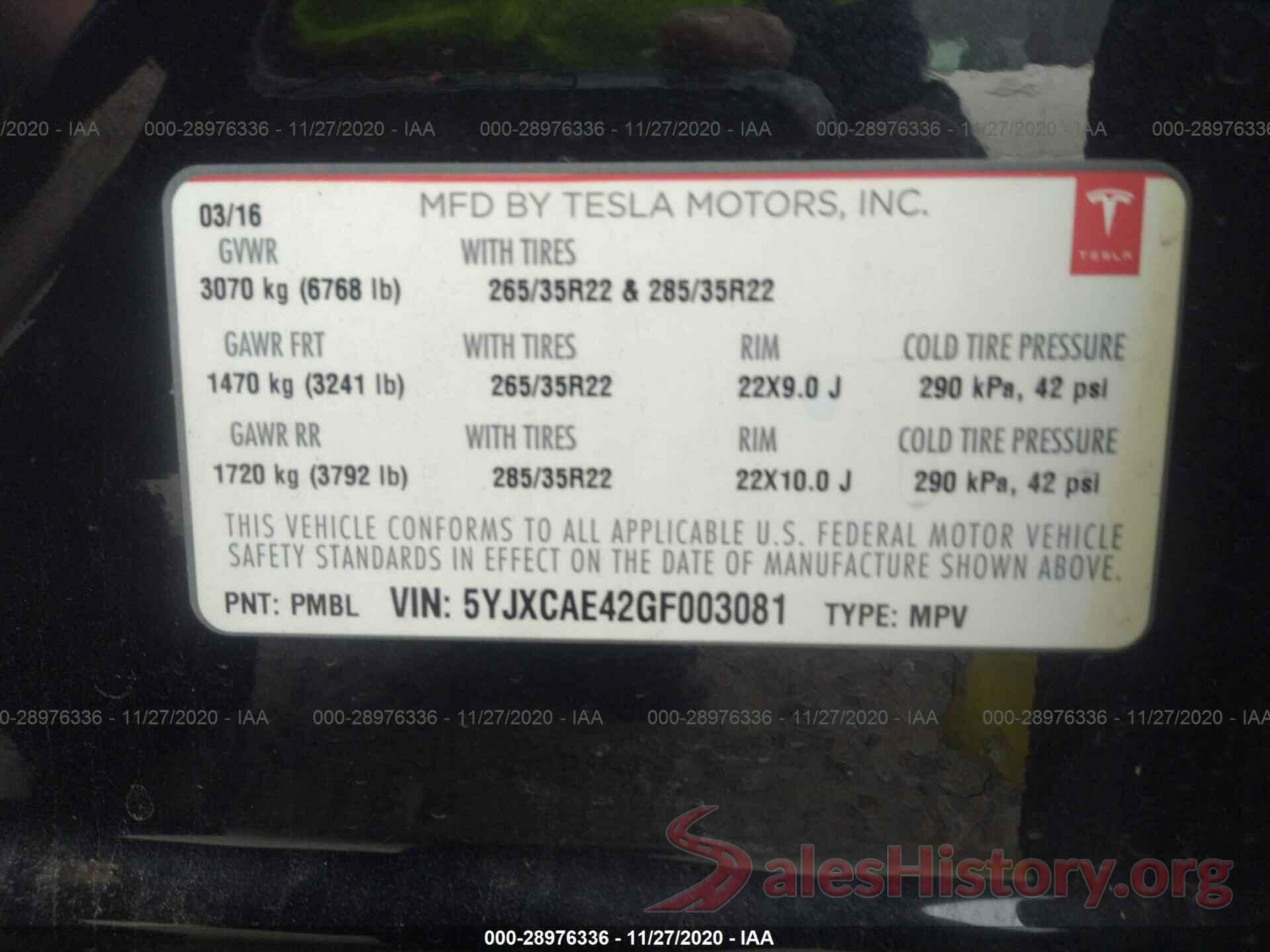 5YJXCAE42GF003081 2016 TESLA MODEL X