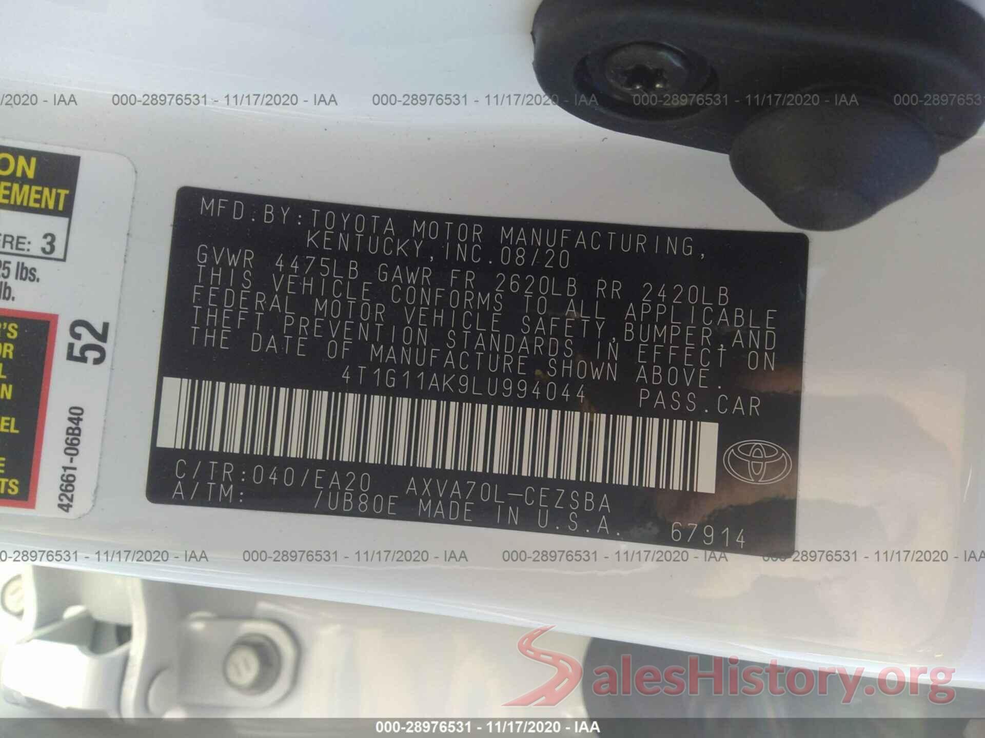 4T1G11AK9LU994044 2020 TOYOTA CAMRY