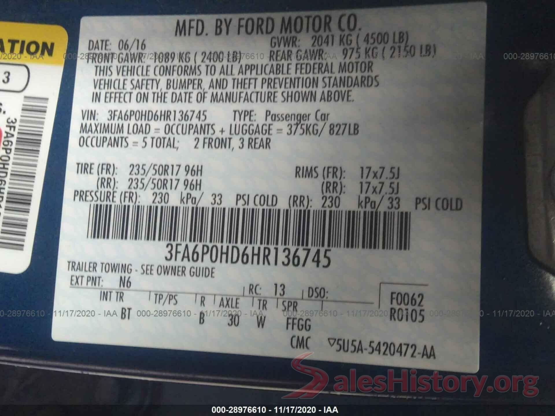 3FA6P0HD6HR136745 2017 FORD FUSION