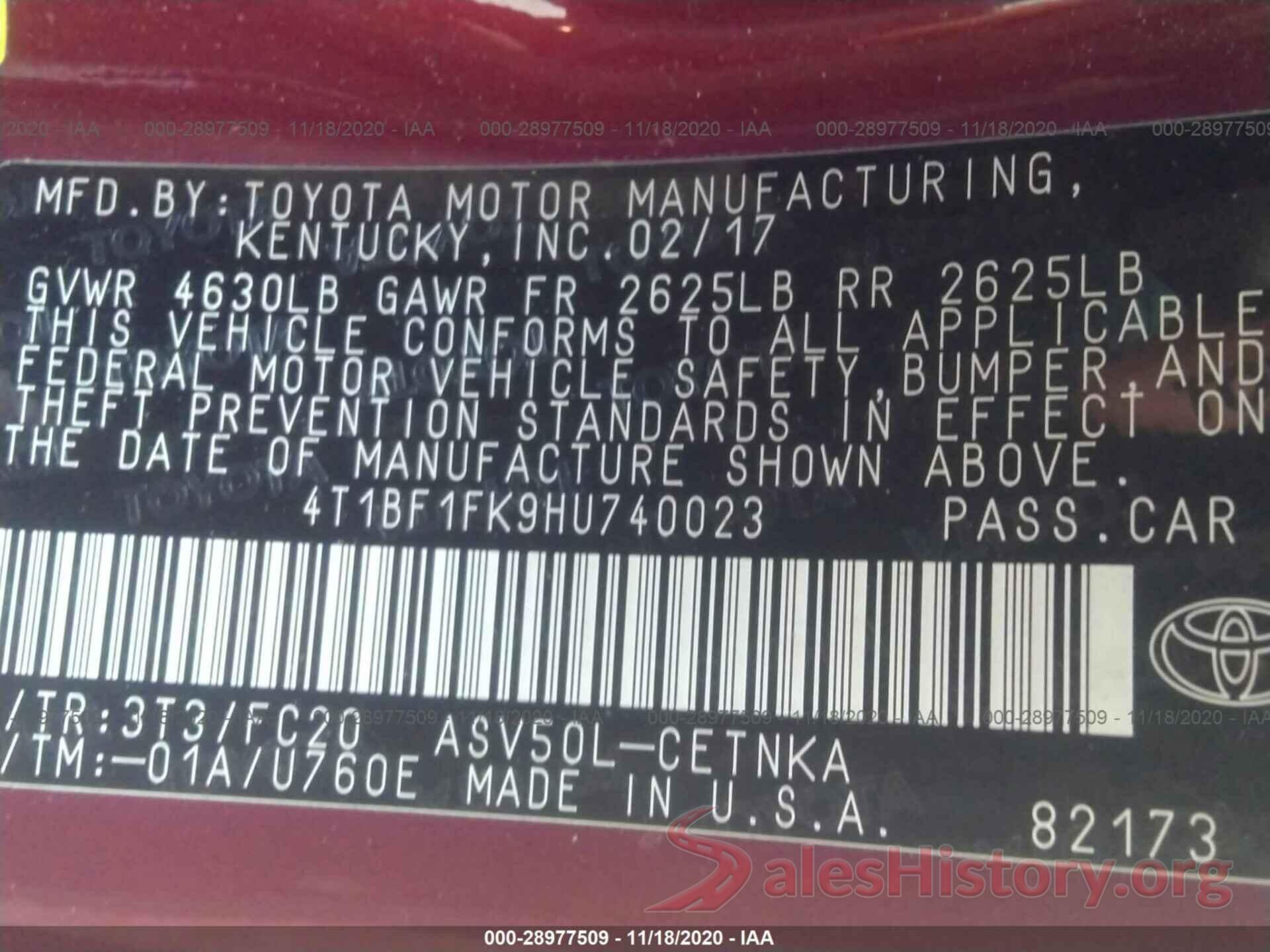 4T1BF1FK9HU740023 2017 TOYOTA CAMRY