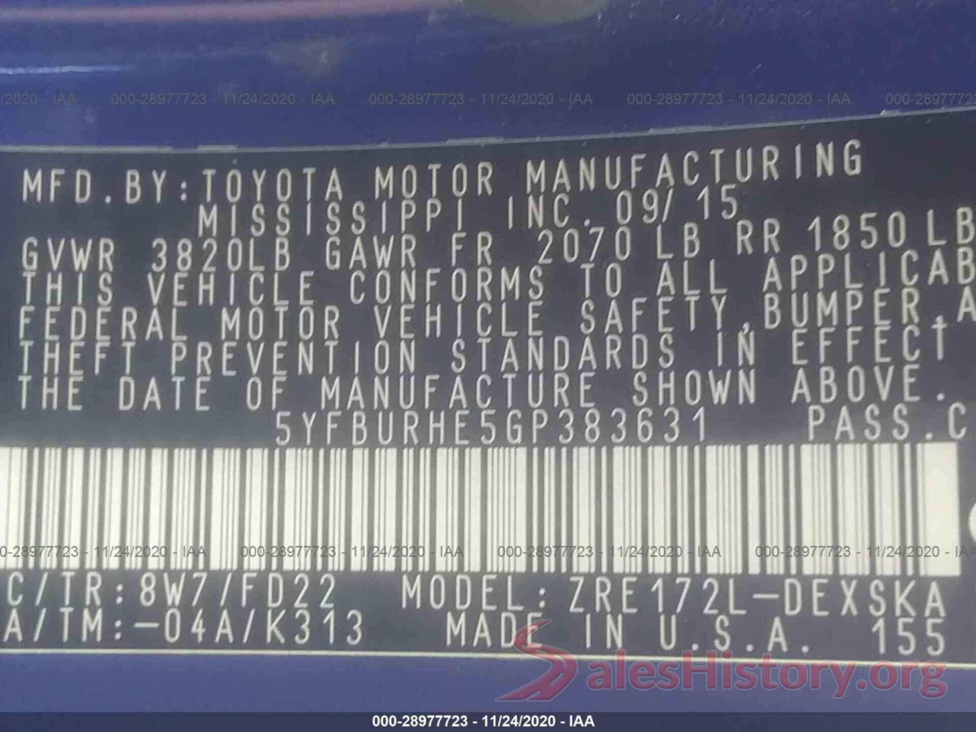 5YFBURHE5GP383631 2016 TOYOTA COROLLA