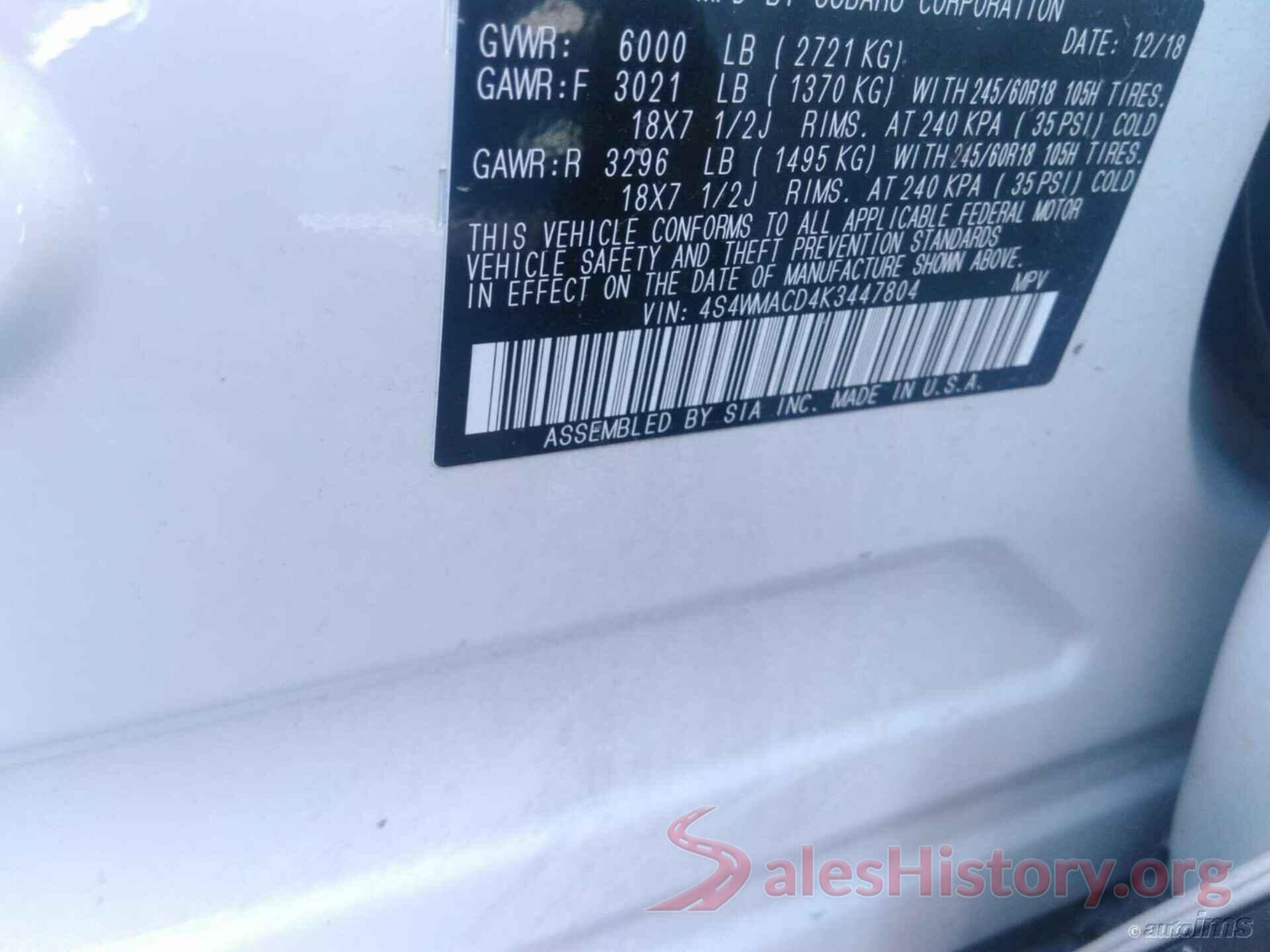 4S4WMACD4K3447804 2019 SUBARU ASCENT