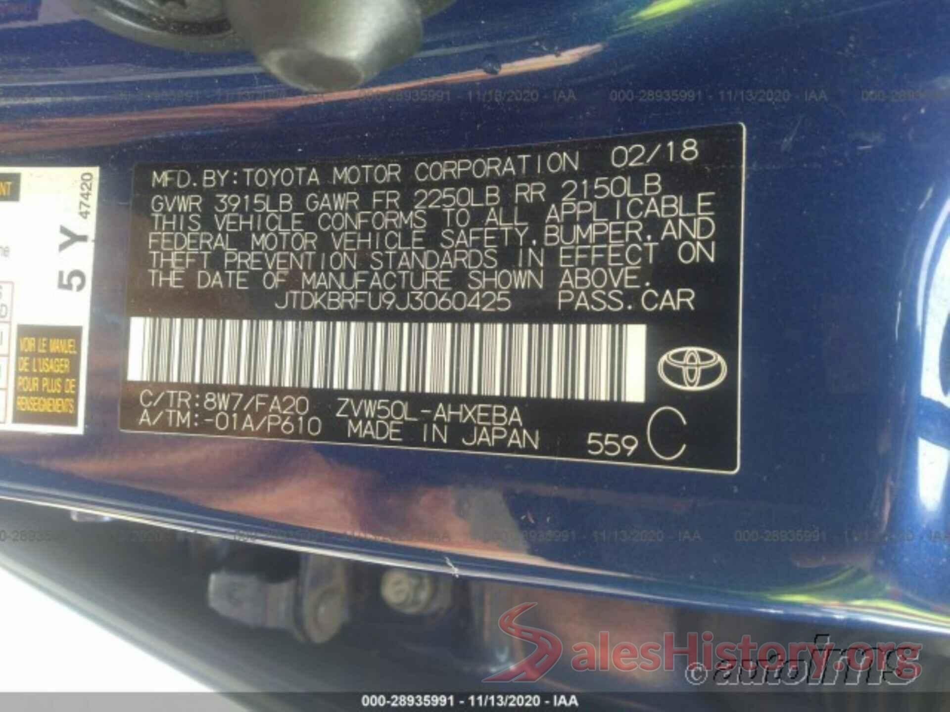 JTDKBRFU9J3060425 2018 TOYOTA PRIUS