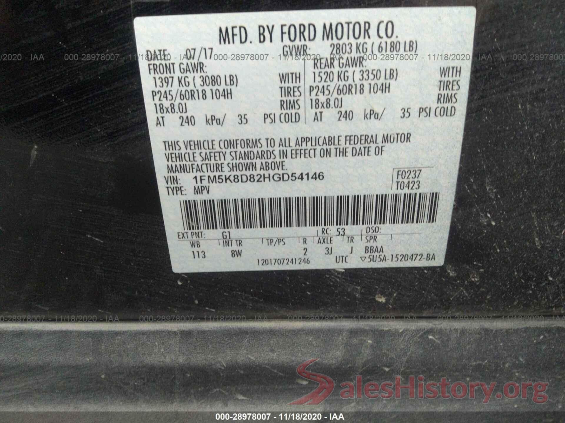 1FM5K8D82HGD54146 2017 FORD EXPLORER