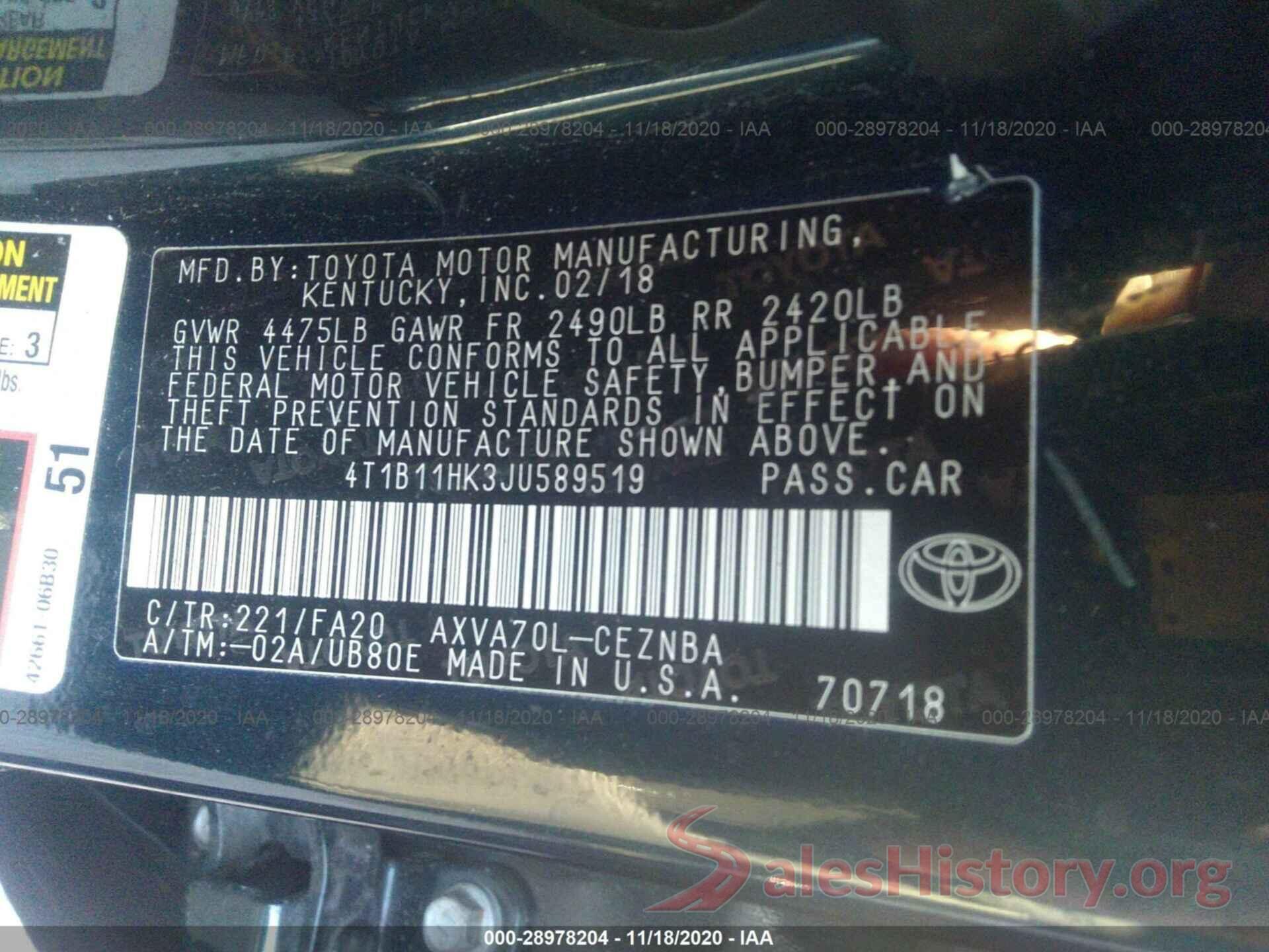 4T1B11HK3JU589519 2018 TOYOTA CAMRY