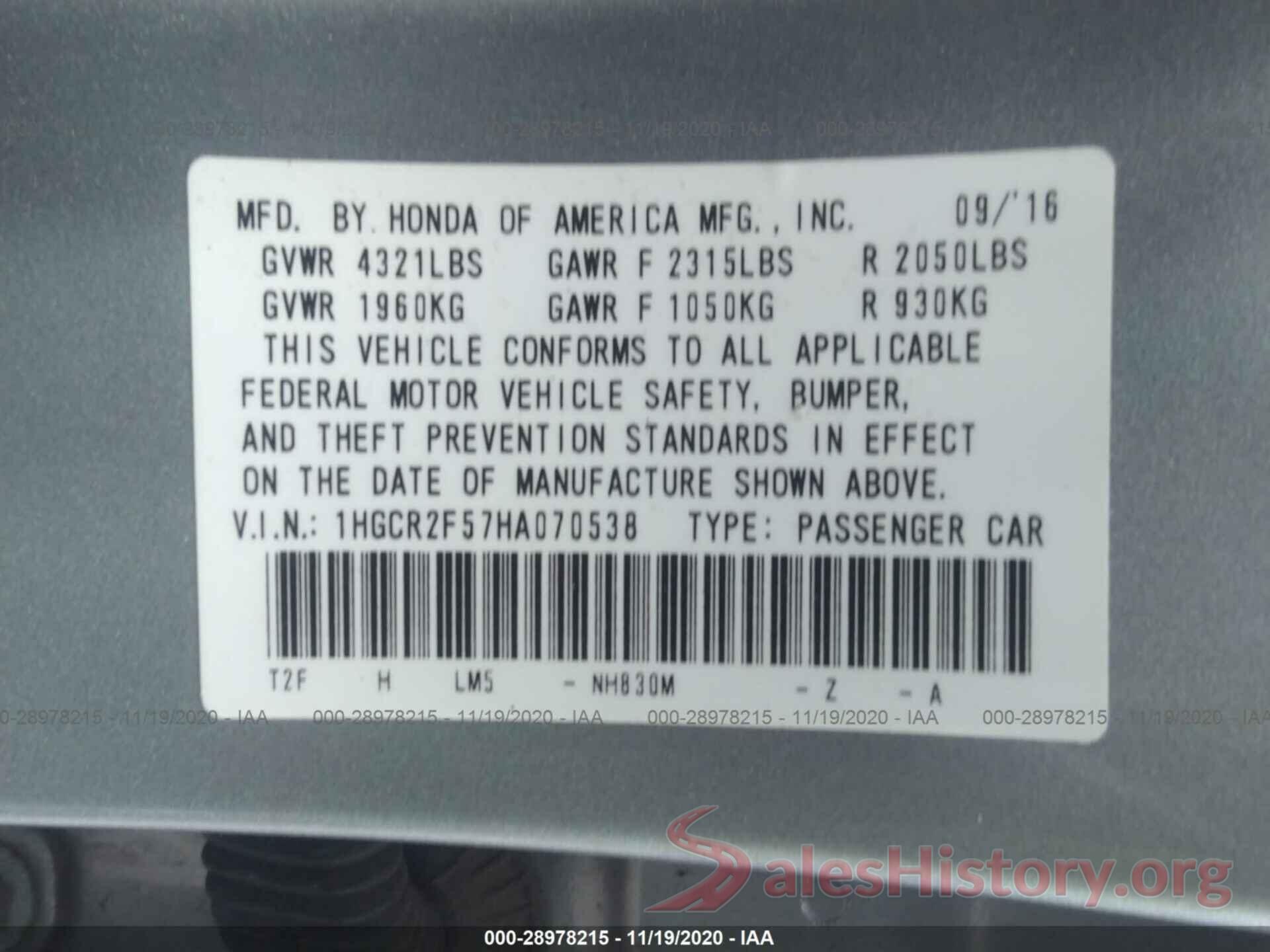 1HGCR2F57HA070538 2017 HONDA ACCORD SEDAN