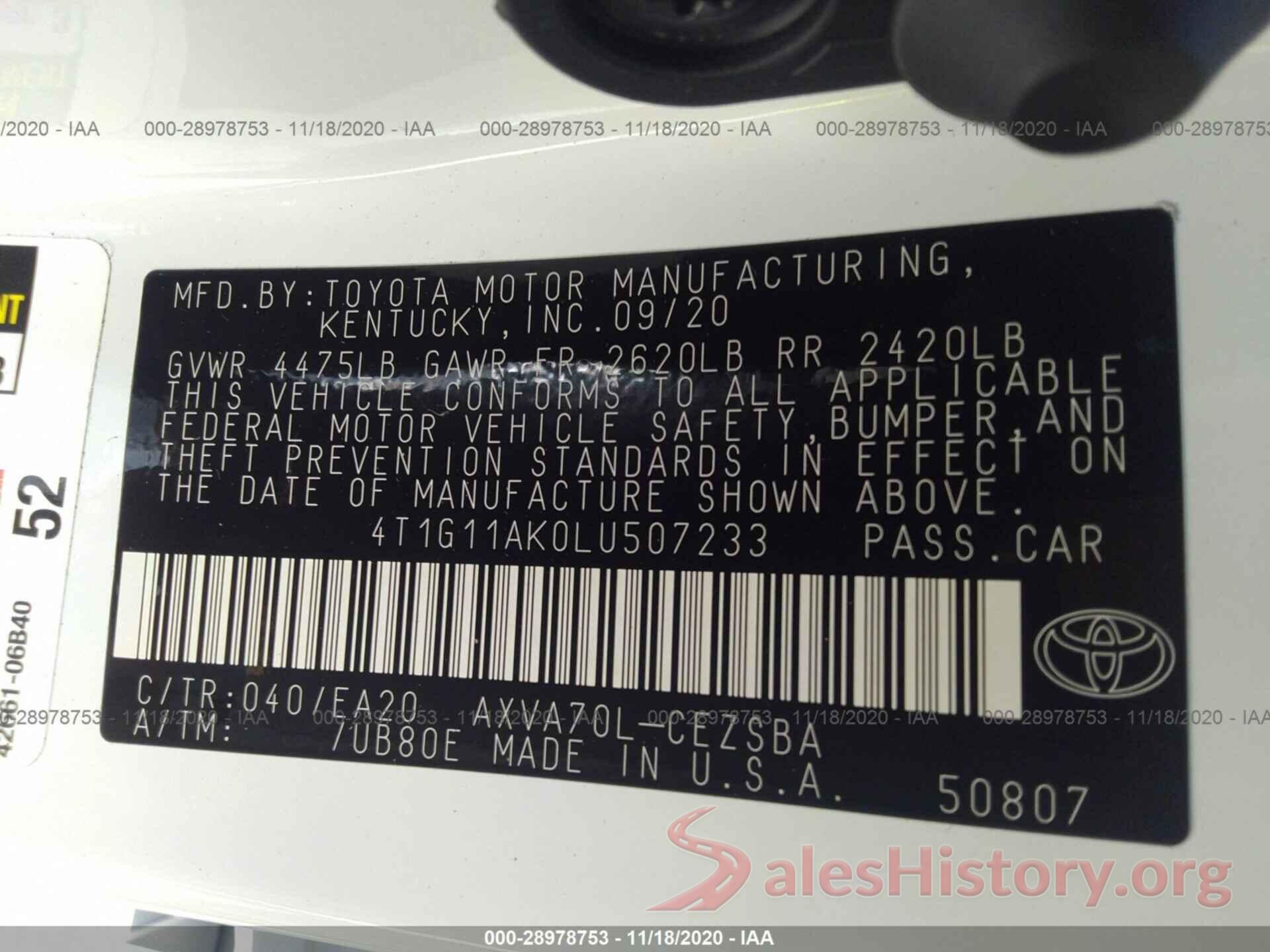 4T1G11AK0LU507233 2020 TOYOTA CAMRY