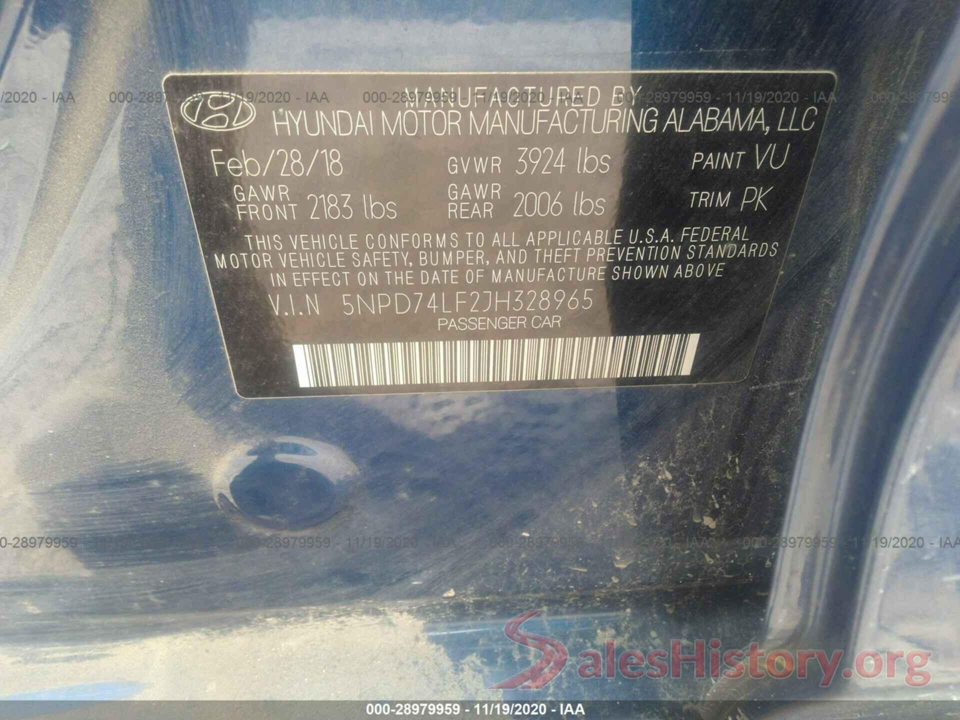 5NPD74LF2JH328965 2018 HYUNDAI ELANTRA