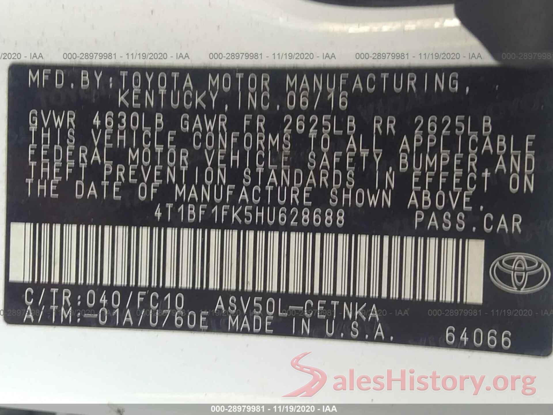 4T1BF1FK5HU628688 2017 TOYOTA CAMRY