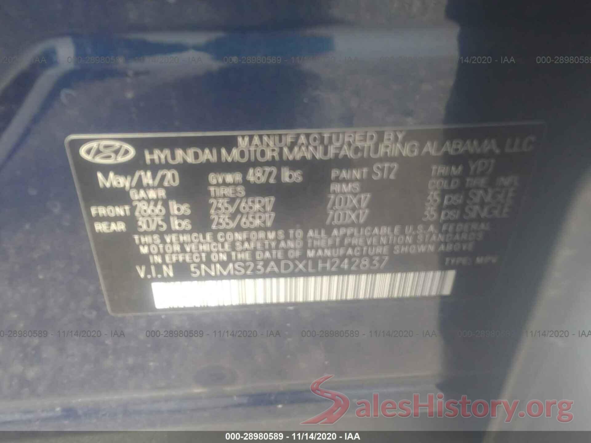 5NMS23ADXLH242837 2020 HYUNDAI SANTA FE