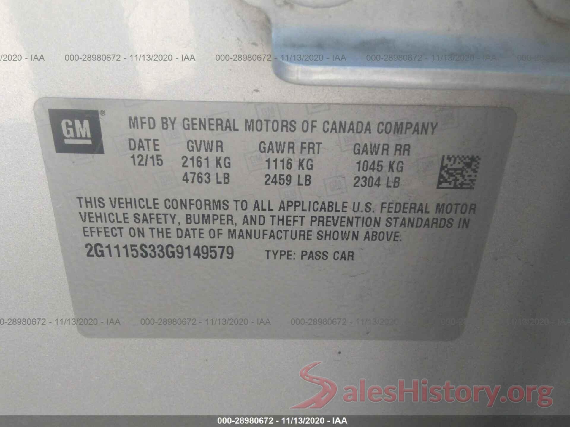 2G1115S33G9149579 2016 CHEVROLET IMPALA