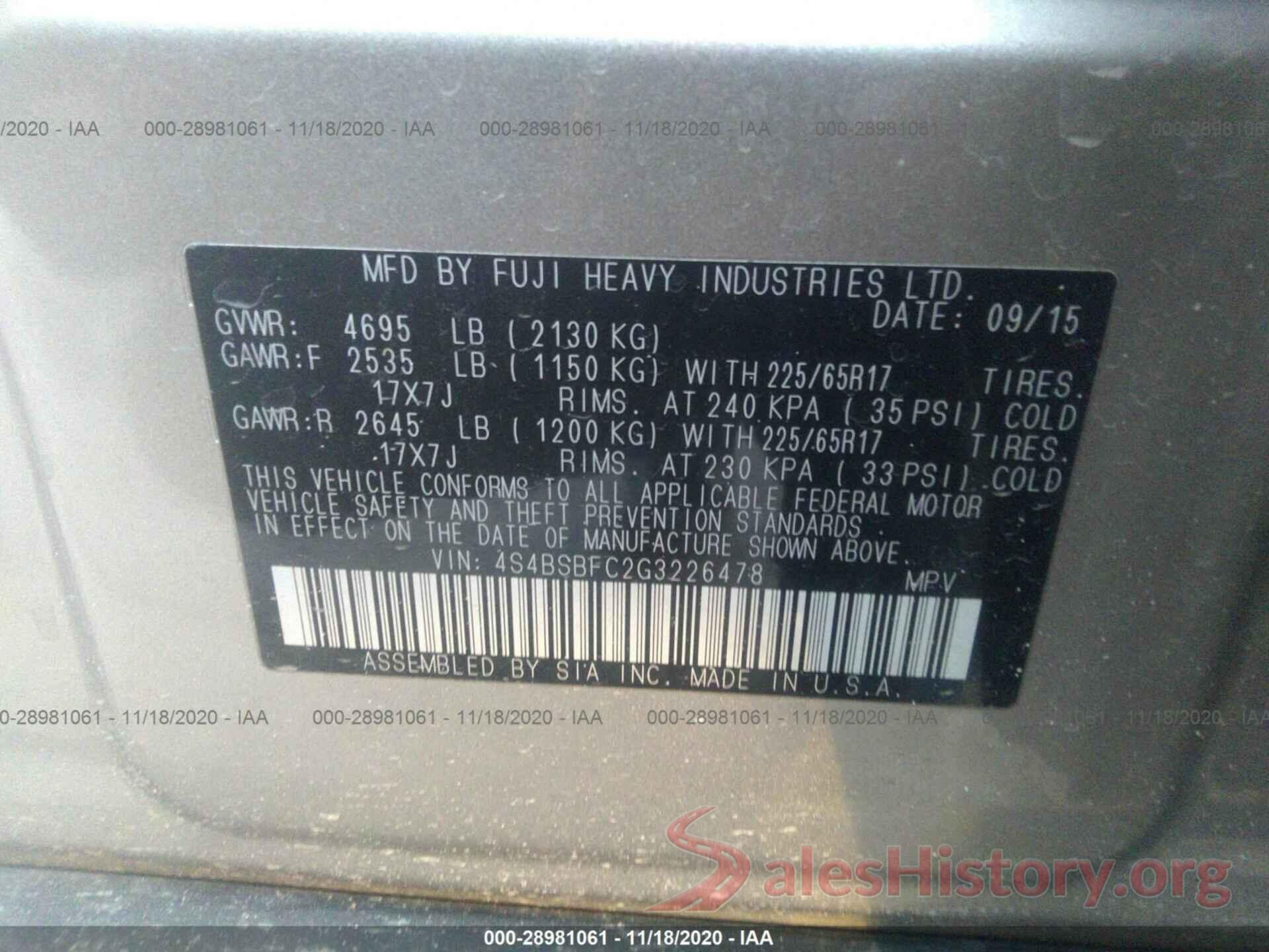 4S4BSBFC2G3226478 2016 SUBARU OUTBACK