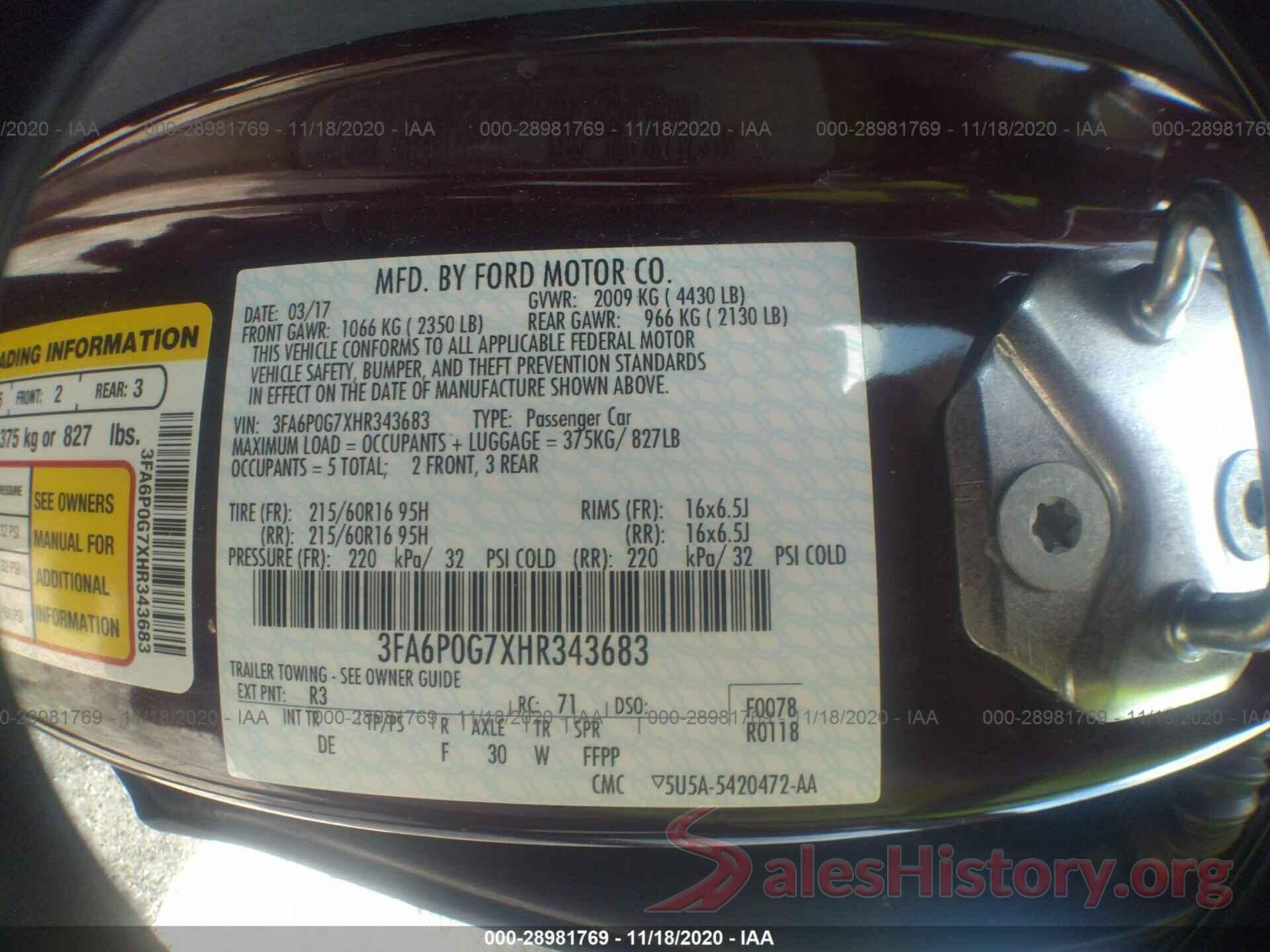 3FA6P0G7XHR343683 2017 FORD FUSION