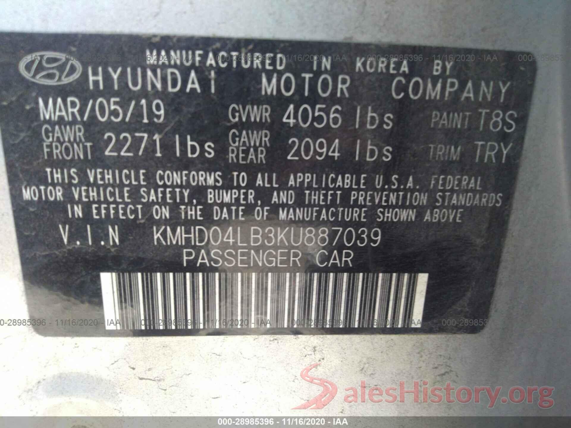 KMHD04LB3KU887039 2019 HYUNDAI ELANTRA