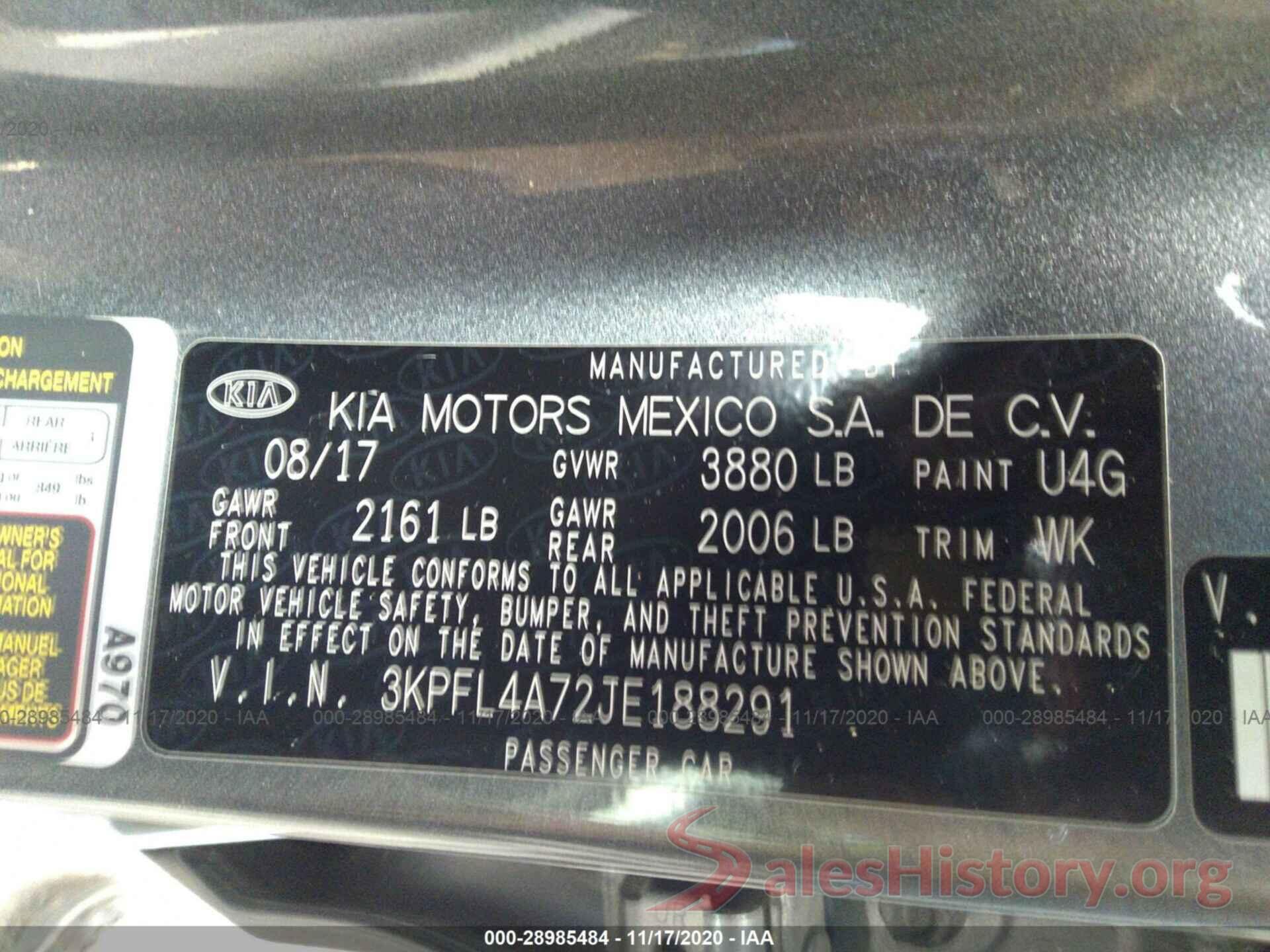 3KPFL4A72JE188291 2018 KIA FORTE