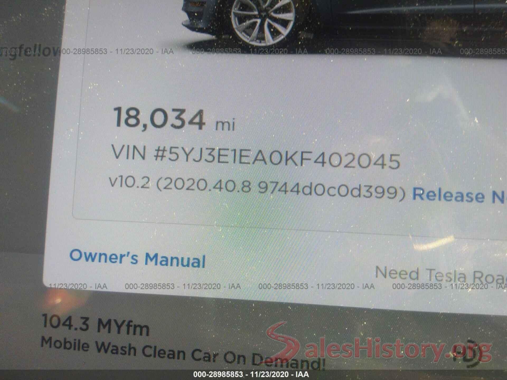 5YJ3E1EA0KF402045 2019 TESLA MODEL 3