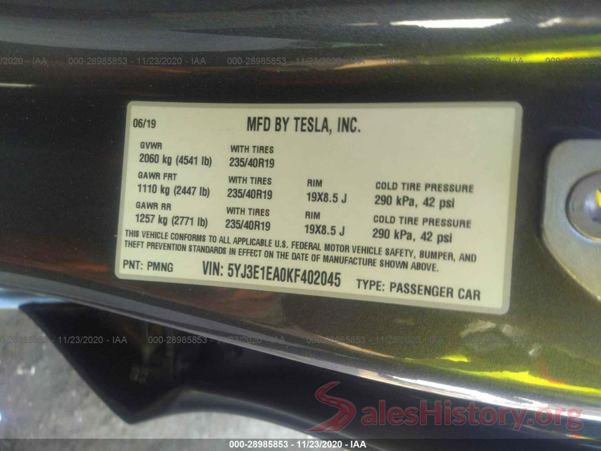 5YJ3E1EA0KF402045 2019 TESLA MODEL 3