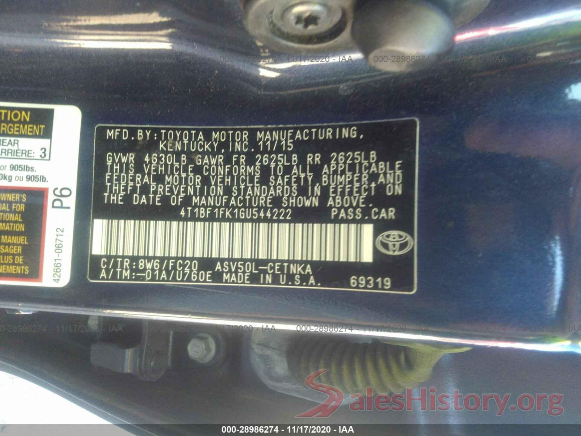 4T1BF1FK1GU544222 2016 TOYOTA CAMRY