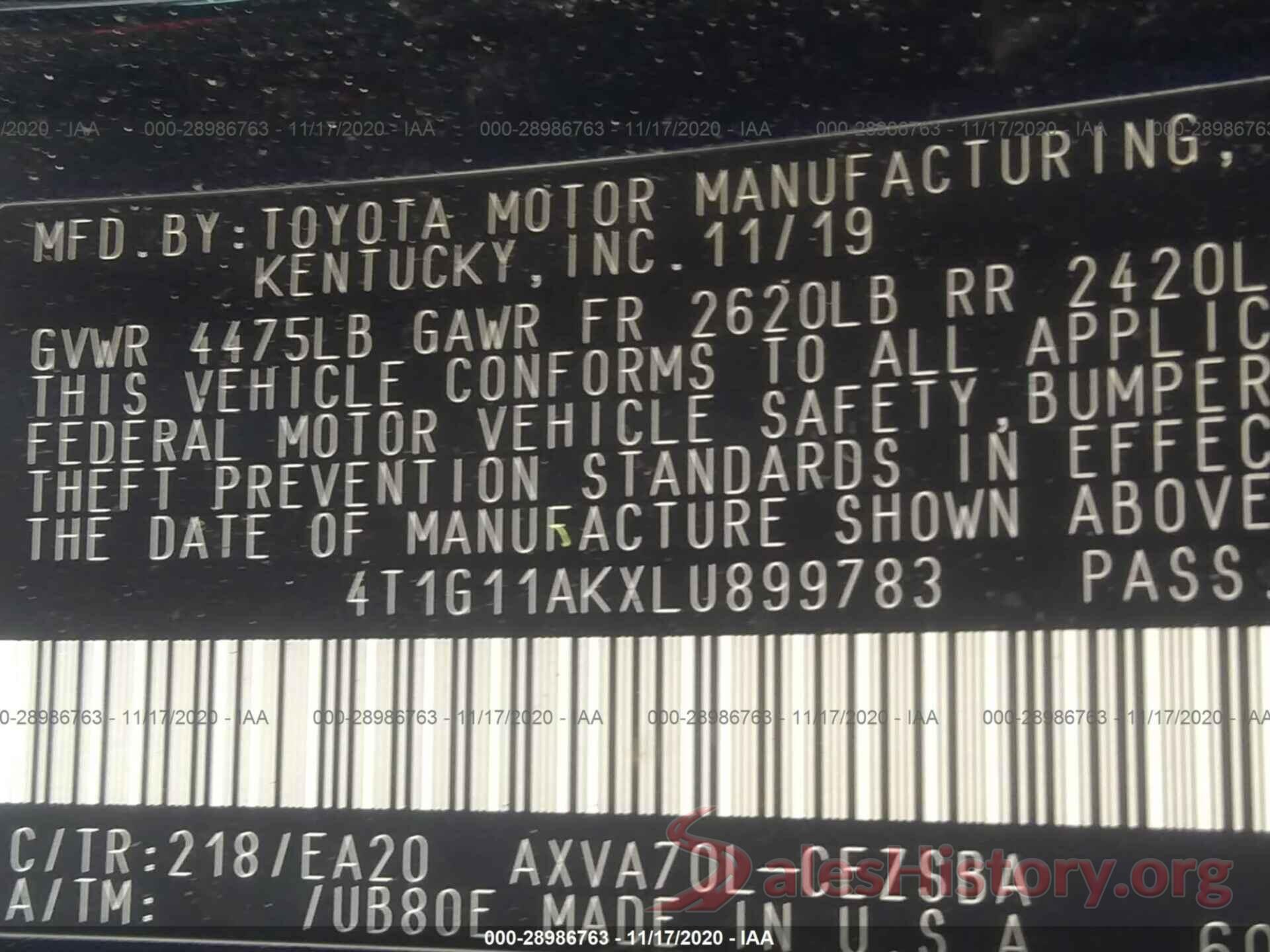 4T1G11AKXLU899783 2020 TOYOTA CAMRY