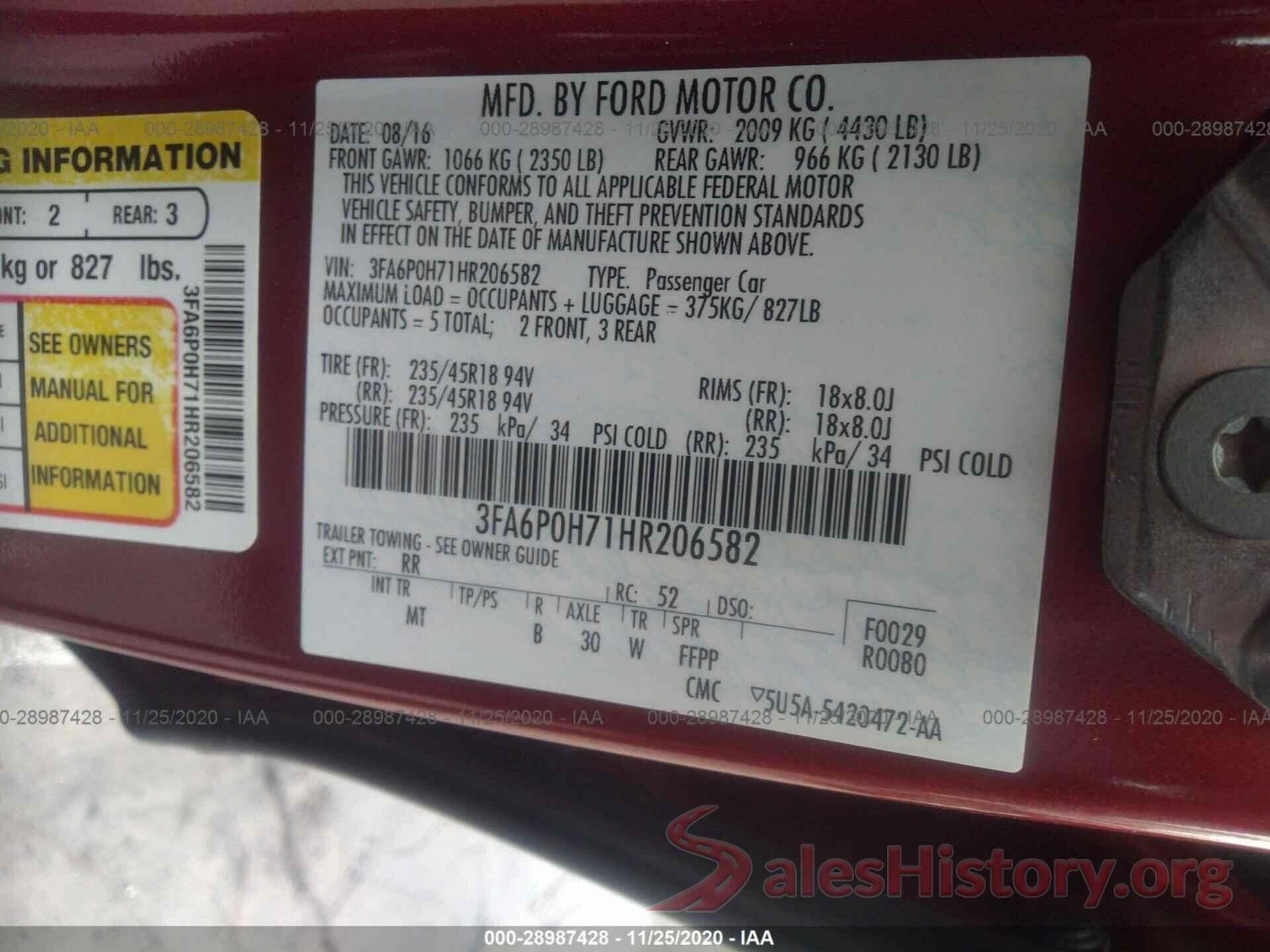 3FA6P0H71HR206582 2017 FORD FUSION