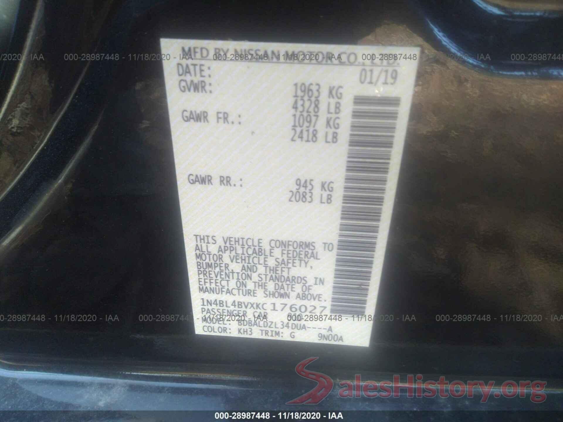 1N4BL4BVXKC176027 2019 NISSAN ALTIMA