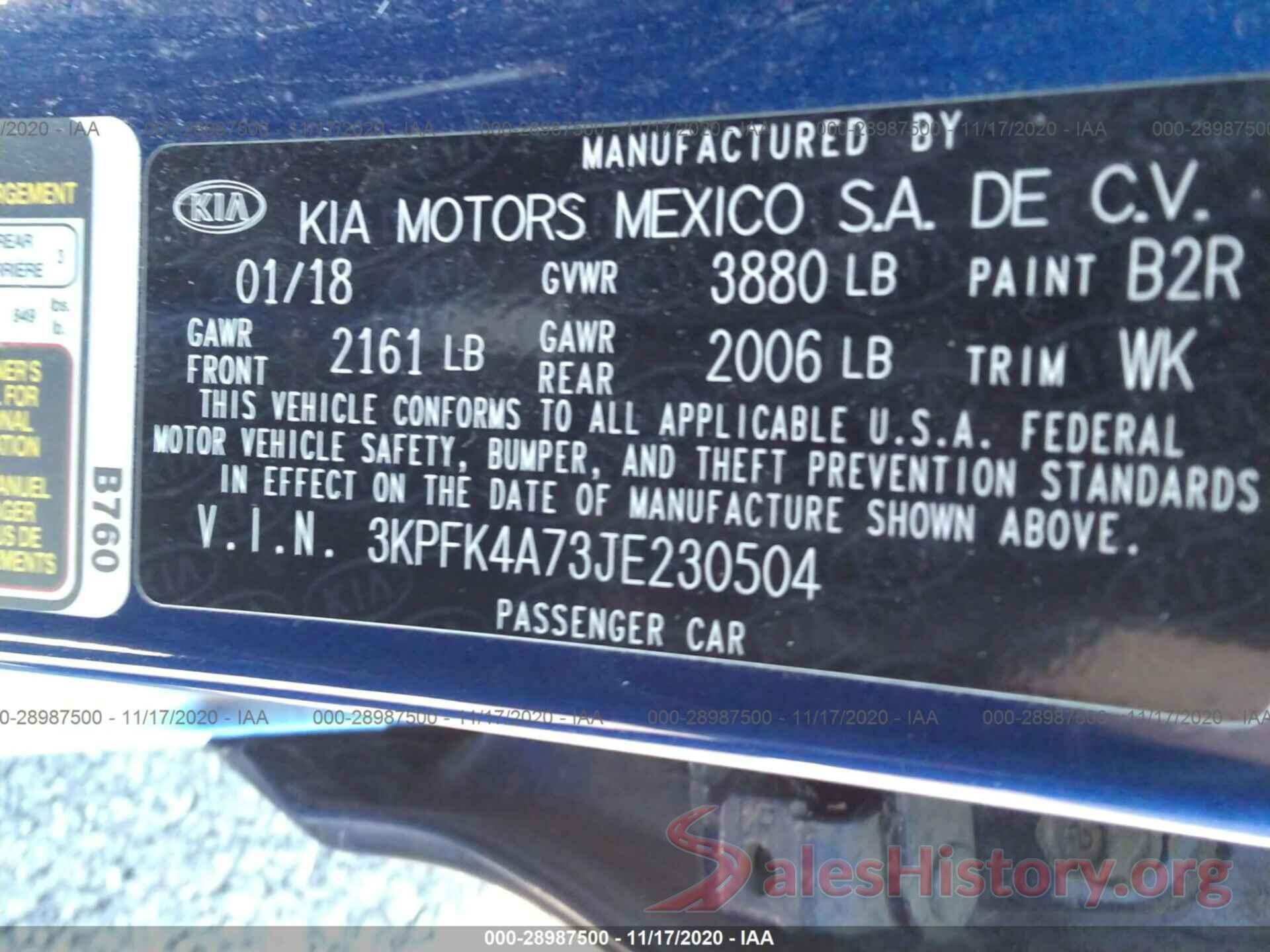 3KPFK4A73JE230504 2018 KIA FORTE