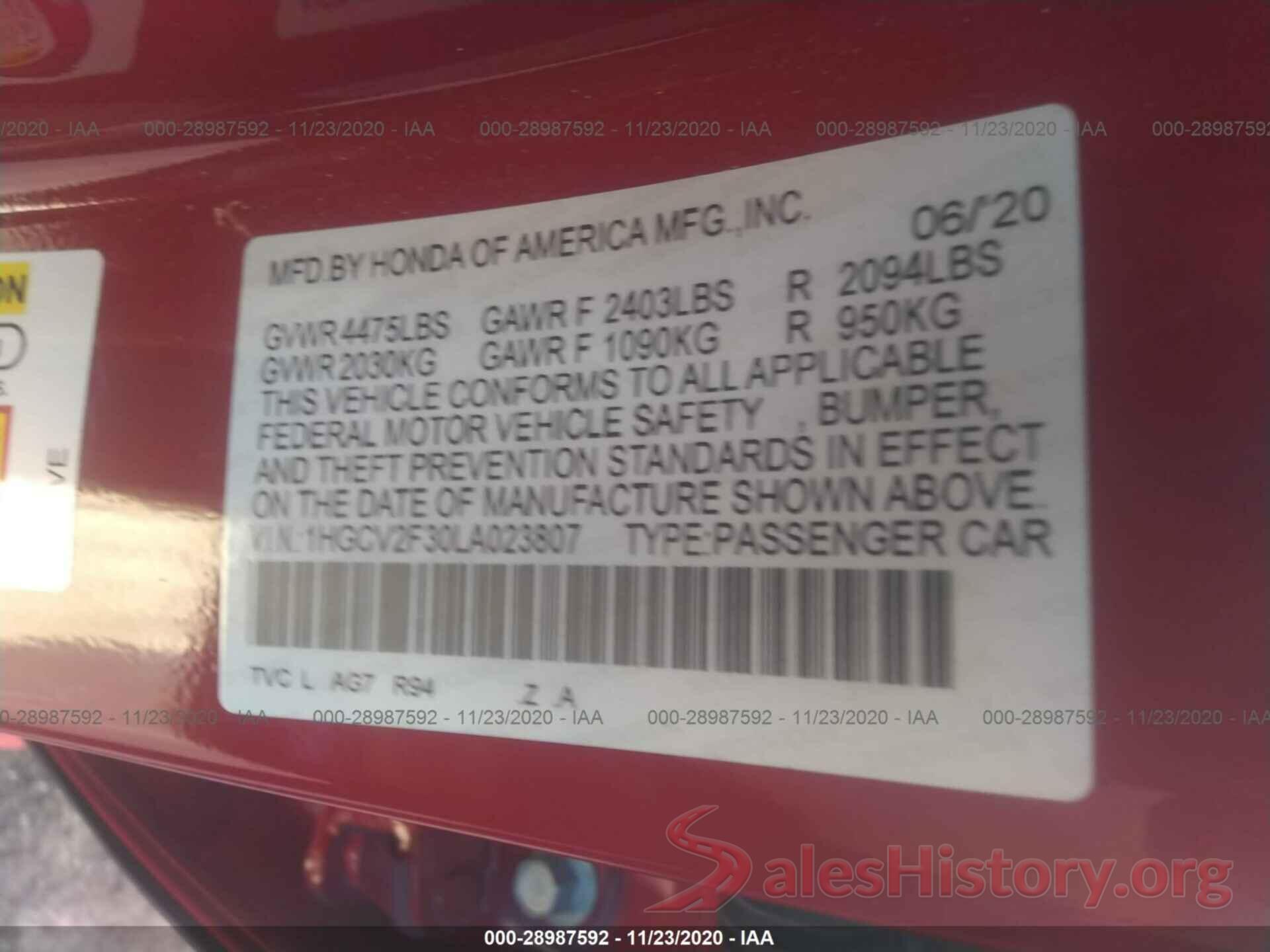 1HGCV2F30LA023807 2020 HONDA ACCORD SEDAN