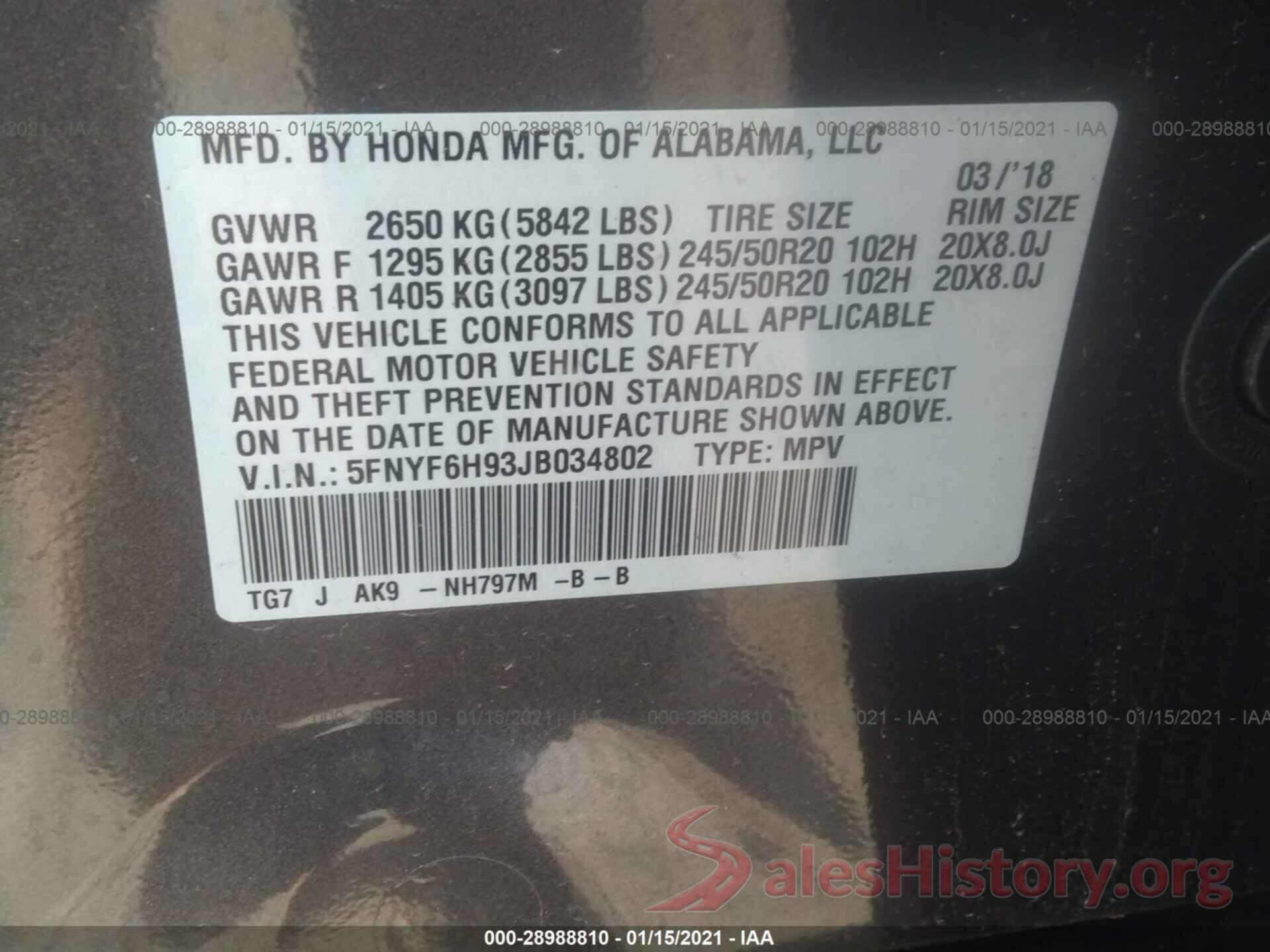 5FNYF6H93JB034802 2018 HONDA PILOT