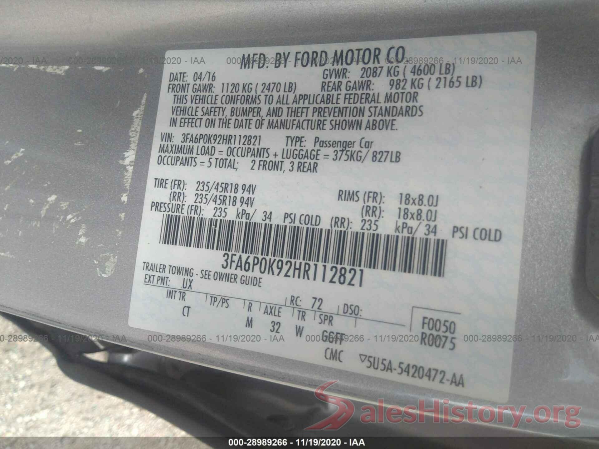 3FA6P0K92HR112821 2017 FORD FUSION