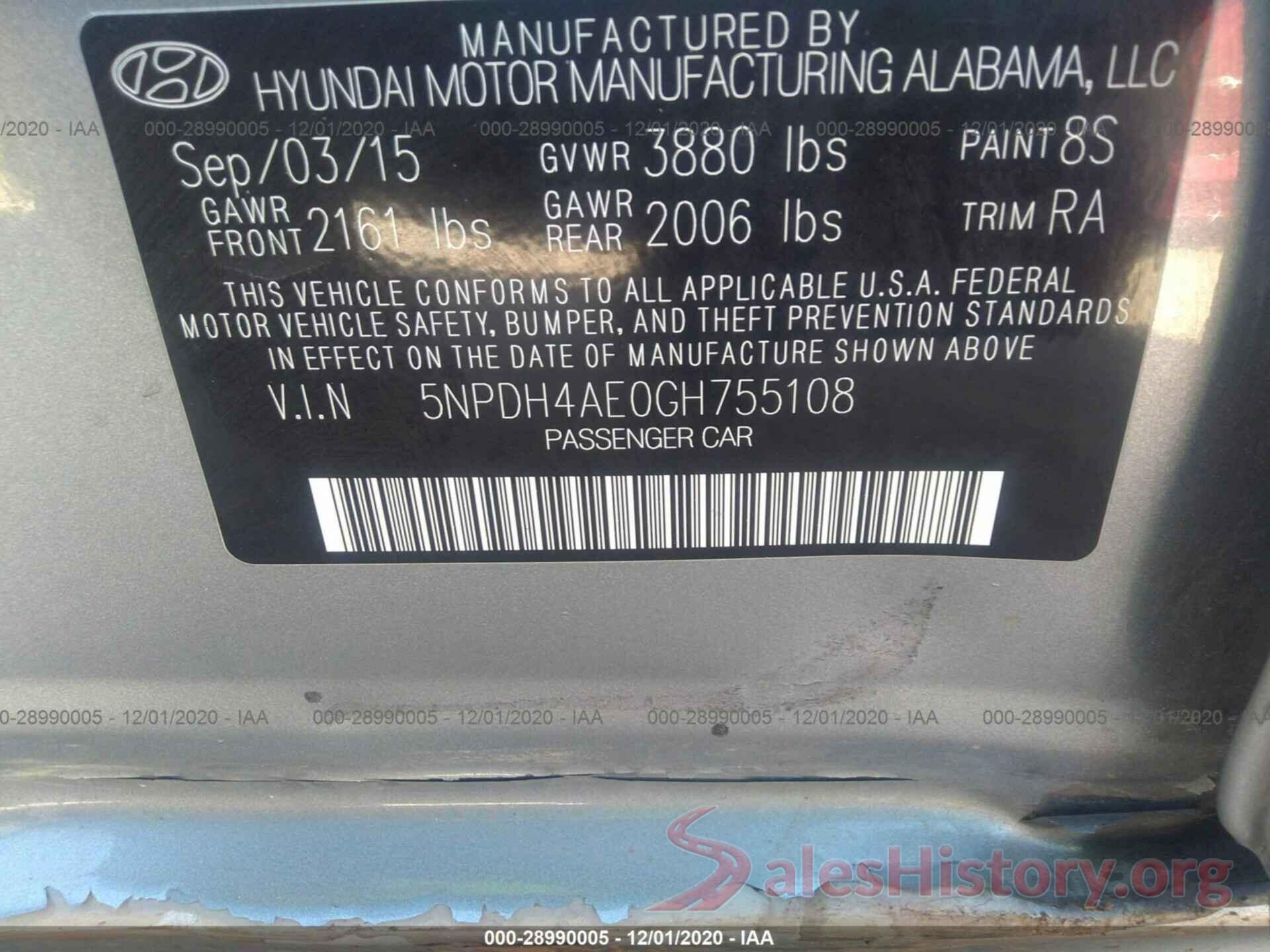 5NPDH4AE0GH755108 2016 HYUNDAI ELANTRA