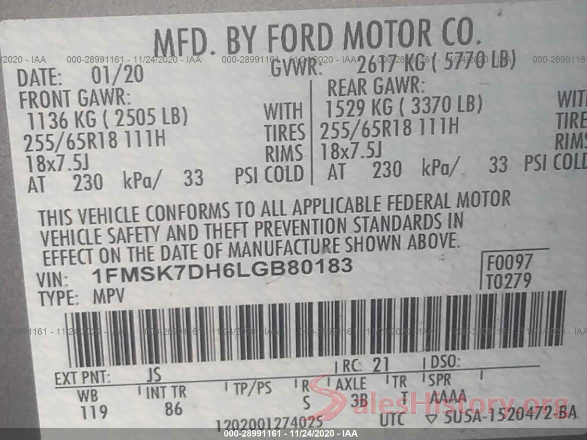 1FMSK7DH6LGB80183 2020 FORD EXPLORER