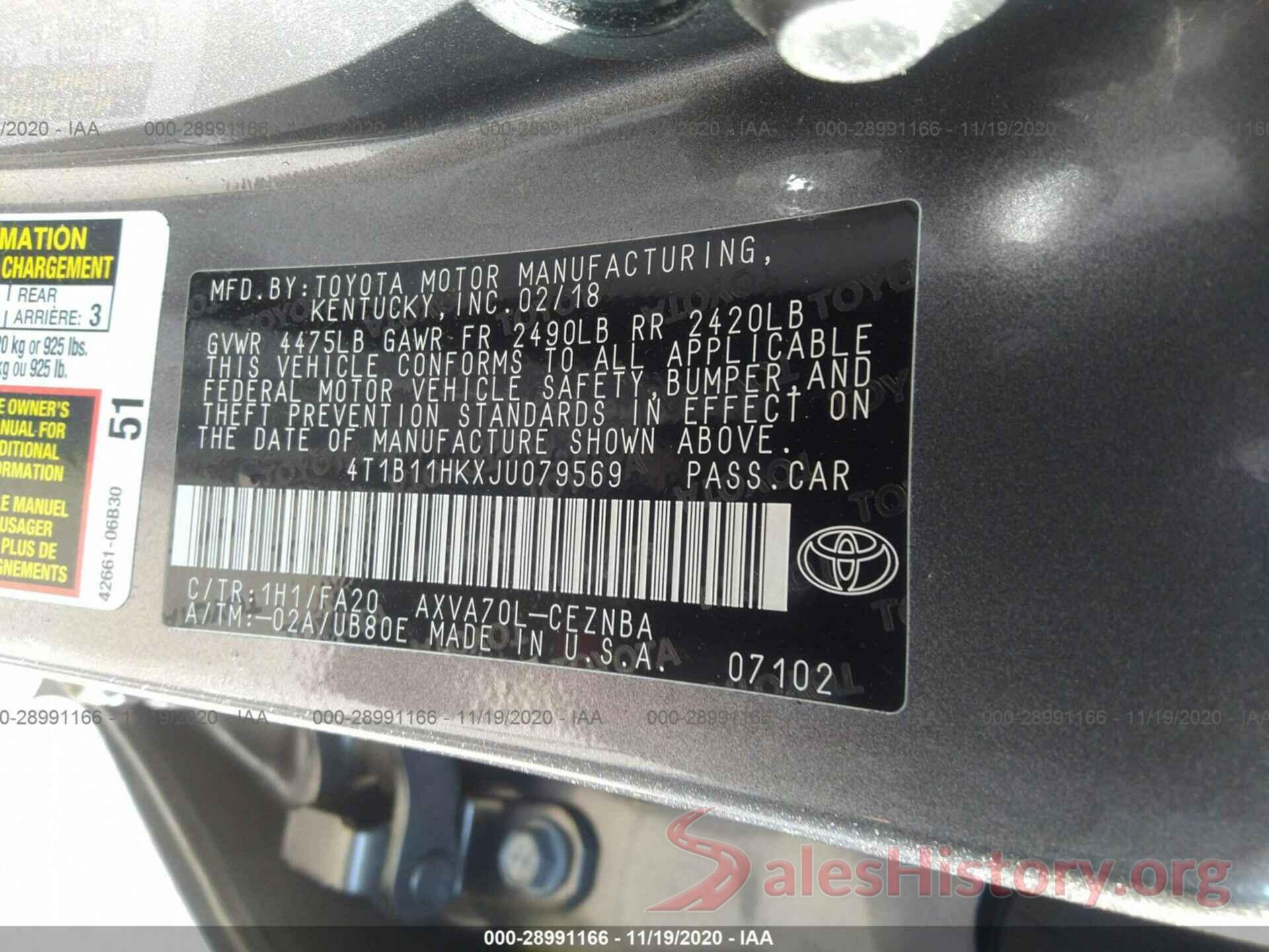 4T1B11HKXJU079569 2018 TOYOTA CAMRY