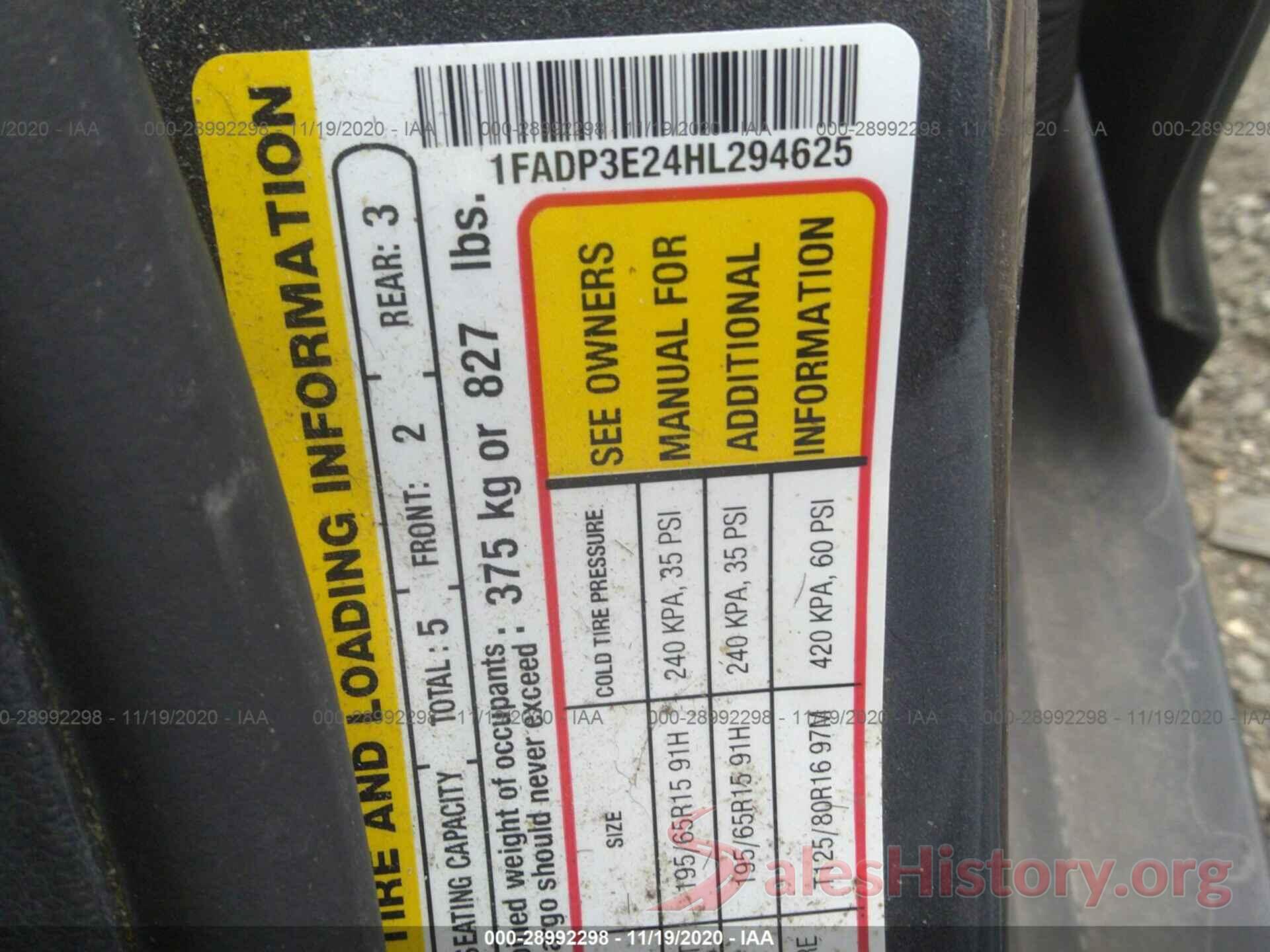 1FADP3E24HL294625 2017 FORD FOCUS